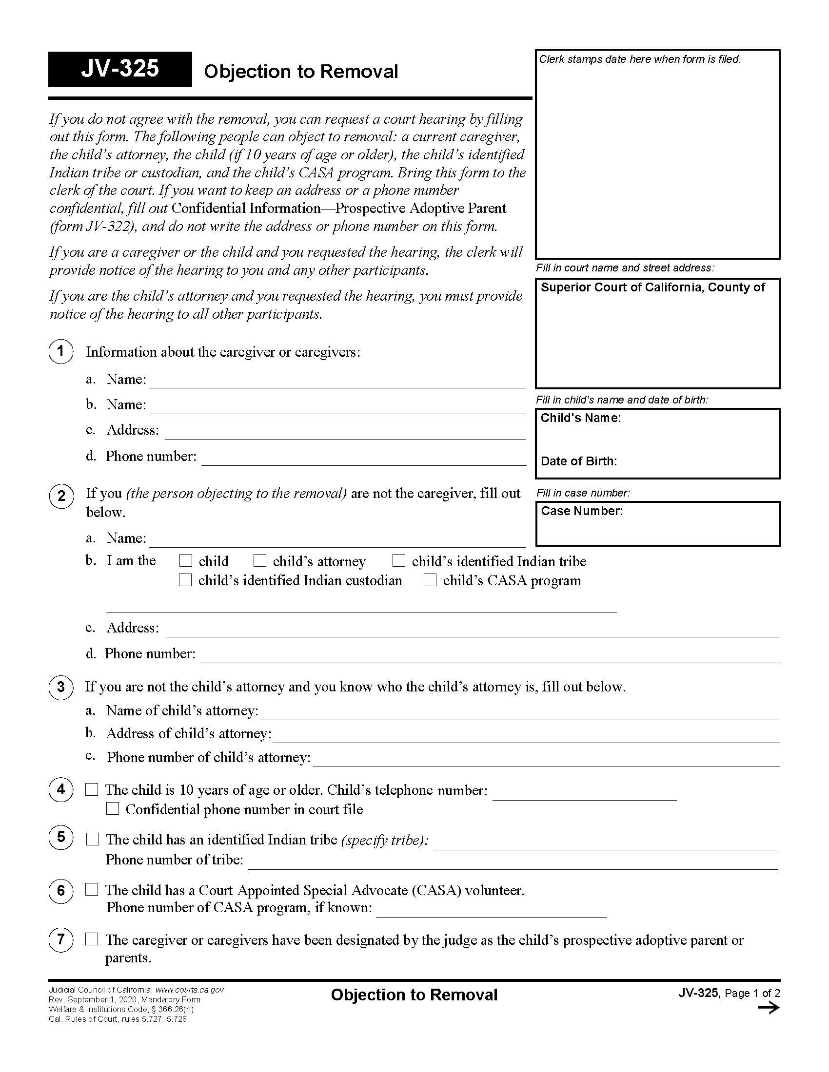 Objection To Removal {JV-325} | Pdf Fpdf Doc Docx | California