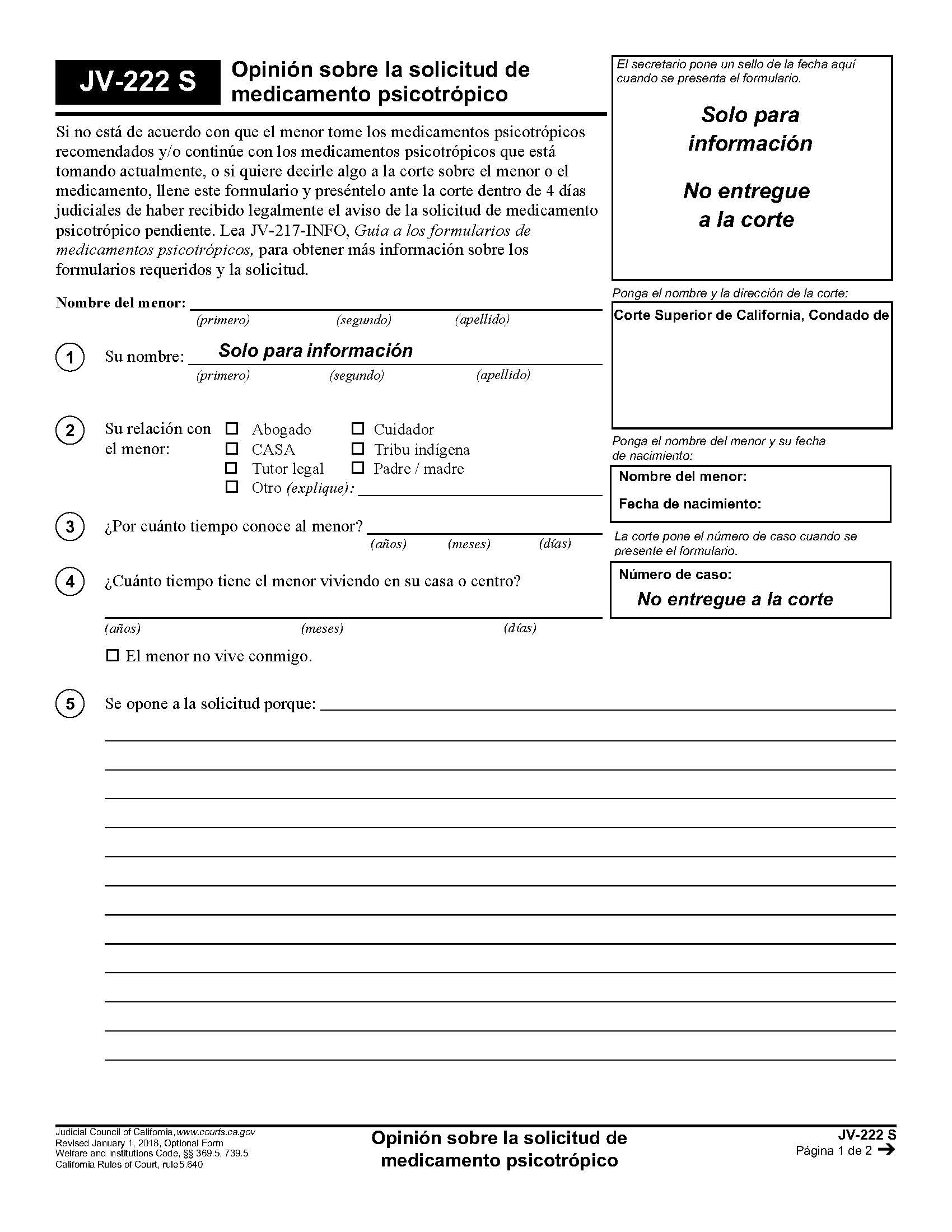 Opposition to Application Regarding Psychotropic Medication (Spanish) {JV-222 S} | Pdf Fpdf Doc Docx | California