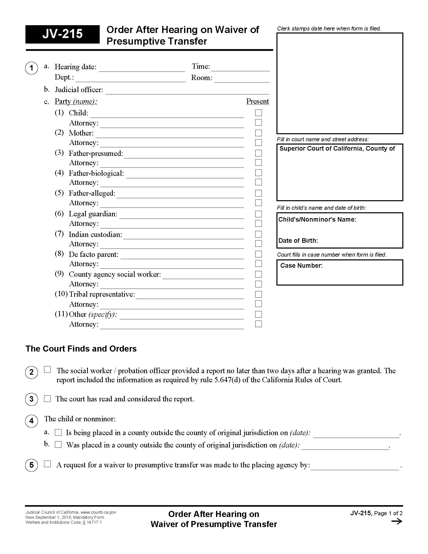 Order After Hearing On Waiver Of Presumptive Transfer {JV-215} | Pdf Fpdf Docx | California