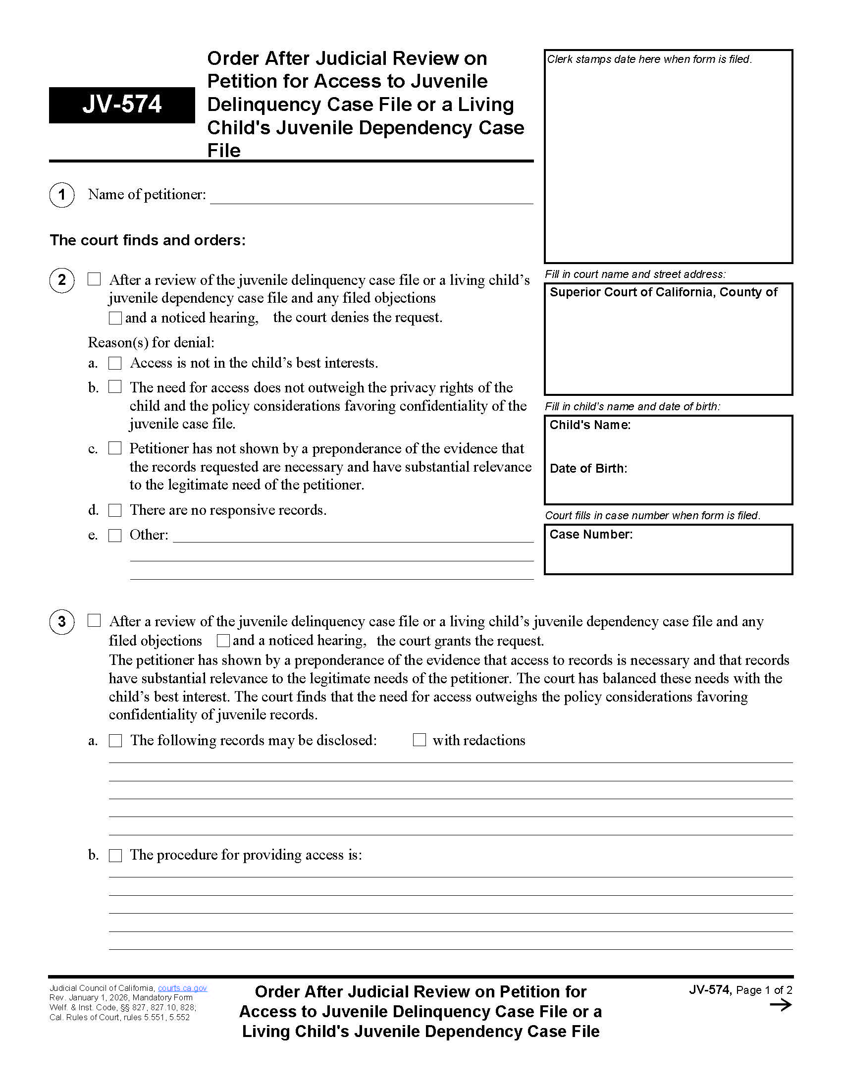 Order After Judicial Review On Petition For Access To Juvenile Case File {JV-574} | Pdf Fpdf Doc Docx | California