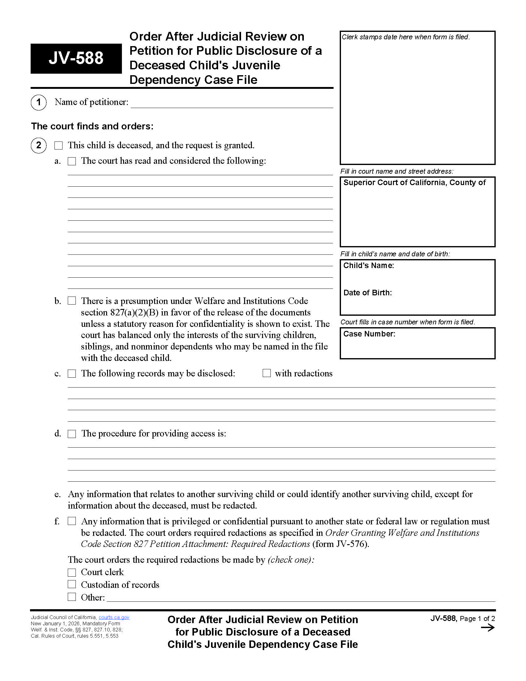 Order After Judicial Review On Petition For Public Disclosure Of A Deceased Childs-File {JV-588} | Pdf Fpdf Docx | California