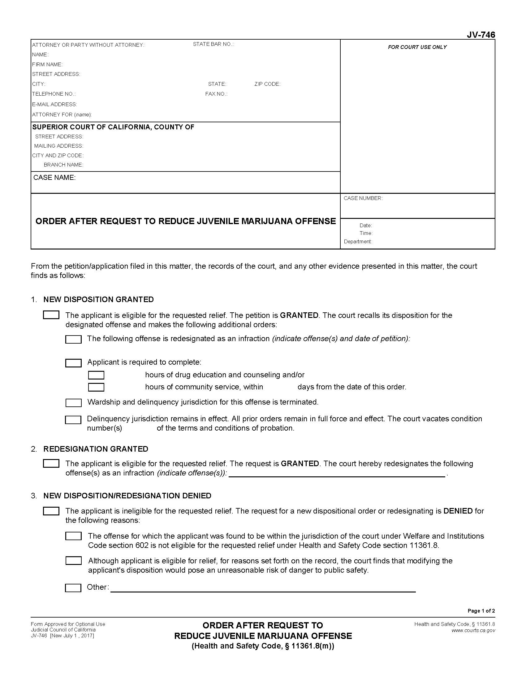 Order After Request To Reduce Juvenile Marijuana Offense {JV-746} | Pdf Fpdf Doc Docx | California