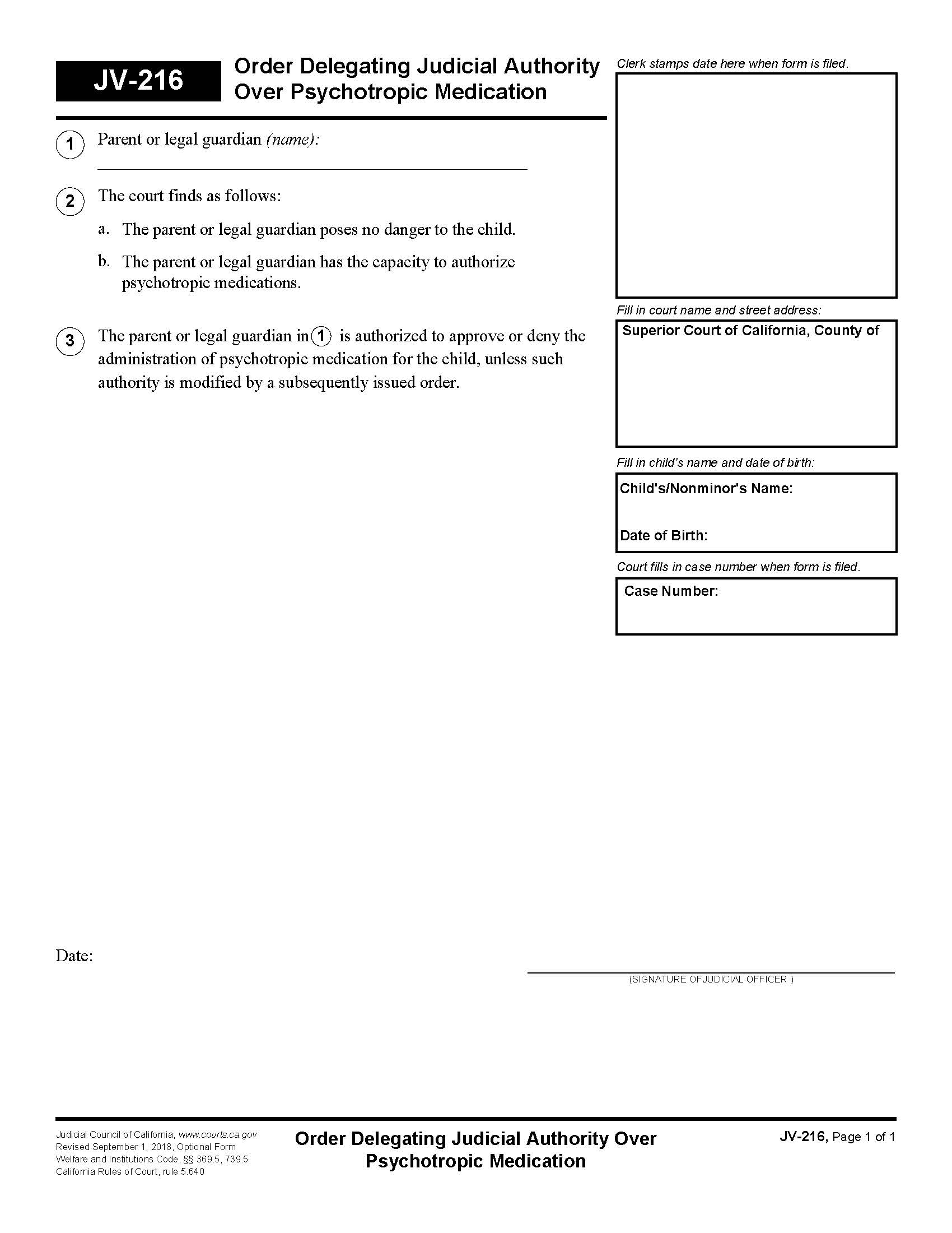 Order Delegating Judicial Authority Over Psychotropic Medication {JV-216} | Pdf Fpdf Docx | California