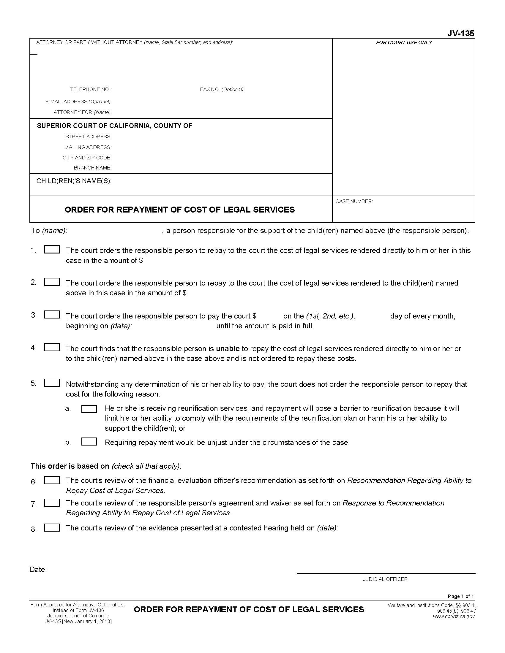Order For Repayment Of Costs Of Legal Services {JV-135} | Pdf Fpdf Doc Docx | California