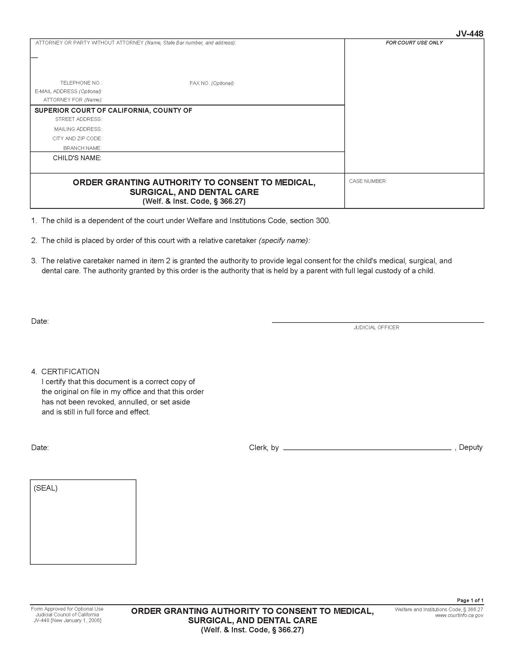 Order Granting Authority To Consent To Medical Surgical And Dental Care {JV-448} | Pdf Fpdf Doc Docx | California