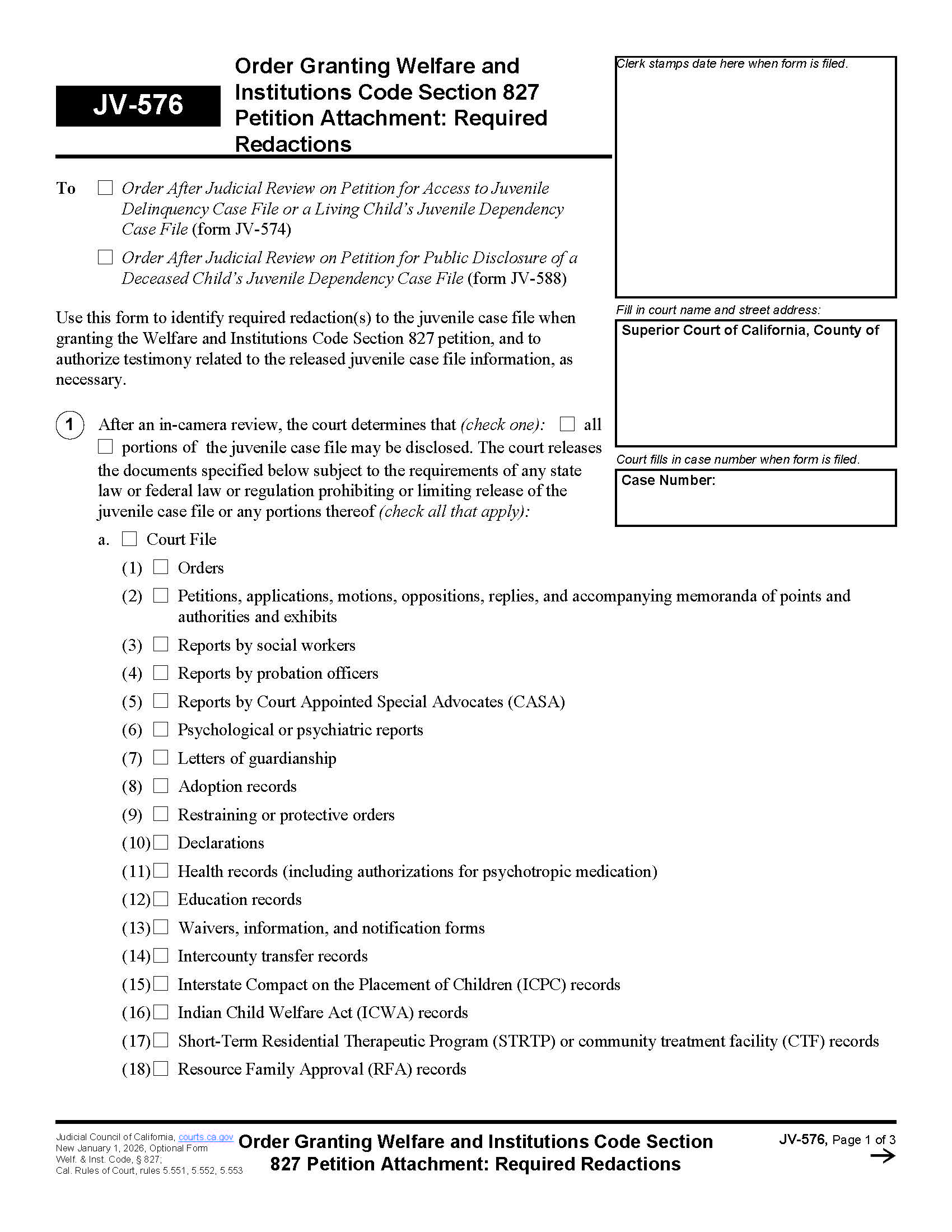 Order Granting Welfare And Institutions Code Section 827 Petition Attachment-Required Redactions {JV-576} | Pdf Fpdf Docx | California