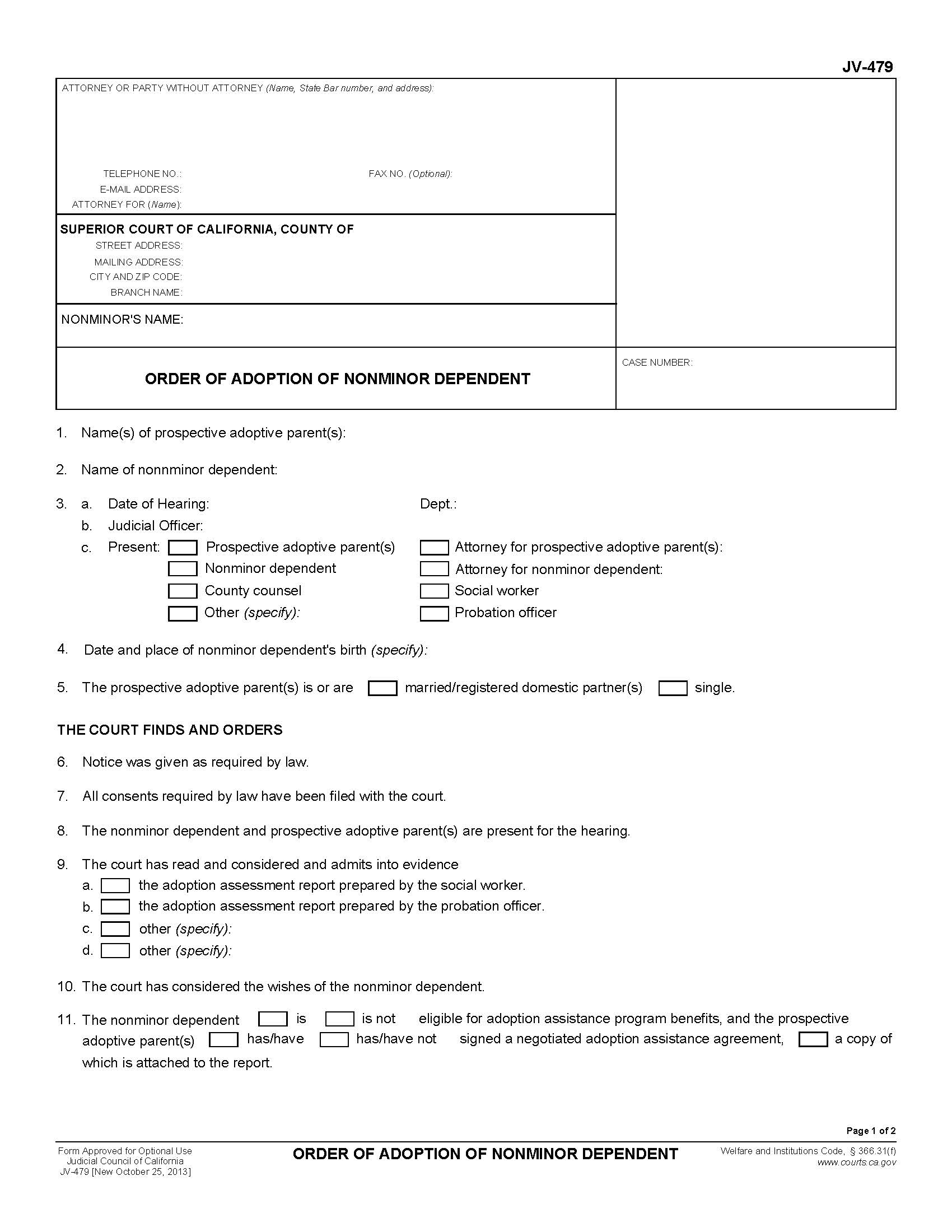 Order Of Adoption Of Nonminor Dependent {JV-479} | Pdf Fpdf Doc Docx | California