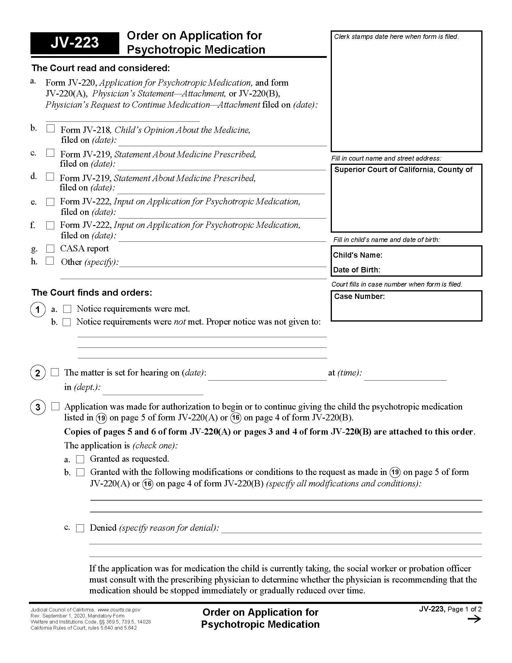 Order On Application For Psychotropic Medication {JV-223} | Pdf Fpdf Docx | California