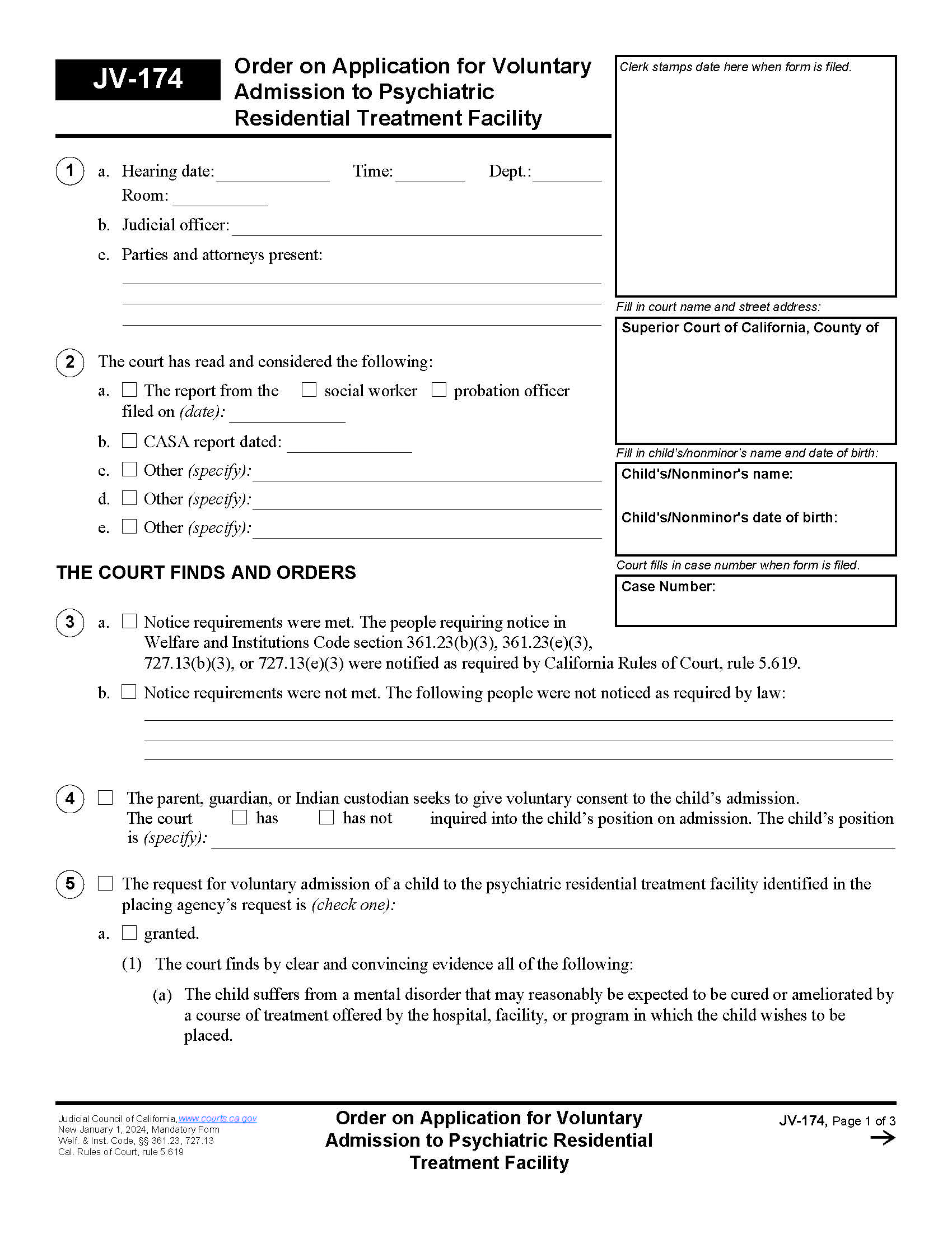 Order On Application For Voluntary Admission To Psychiatric Residential Treatment Facility {JV-174} | Pdf Fpdf Docx | California
