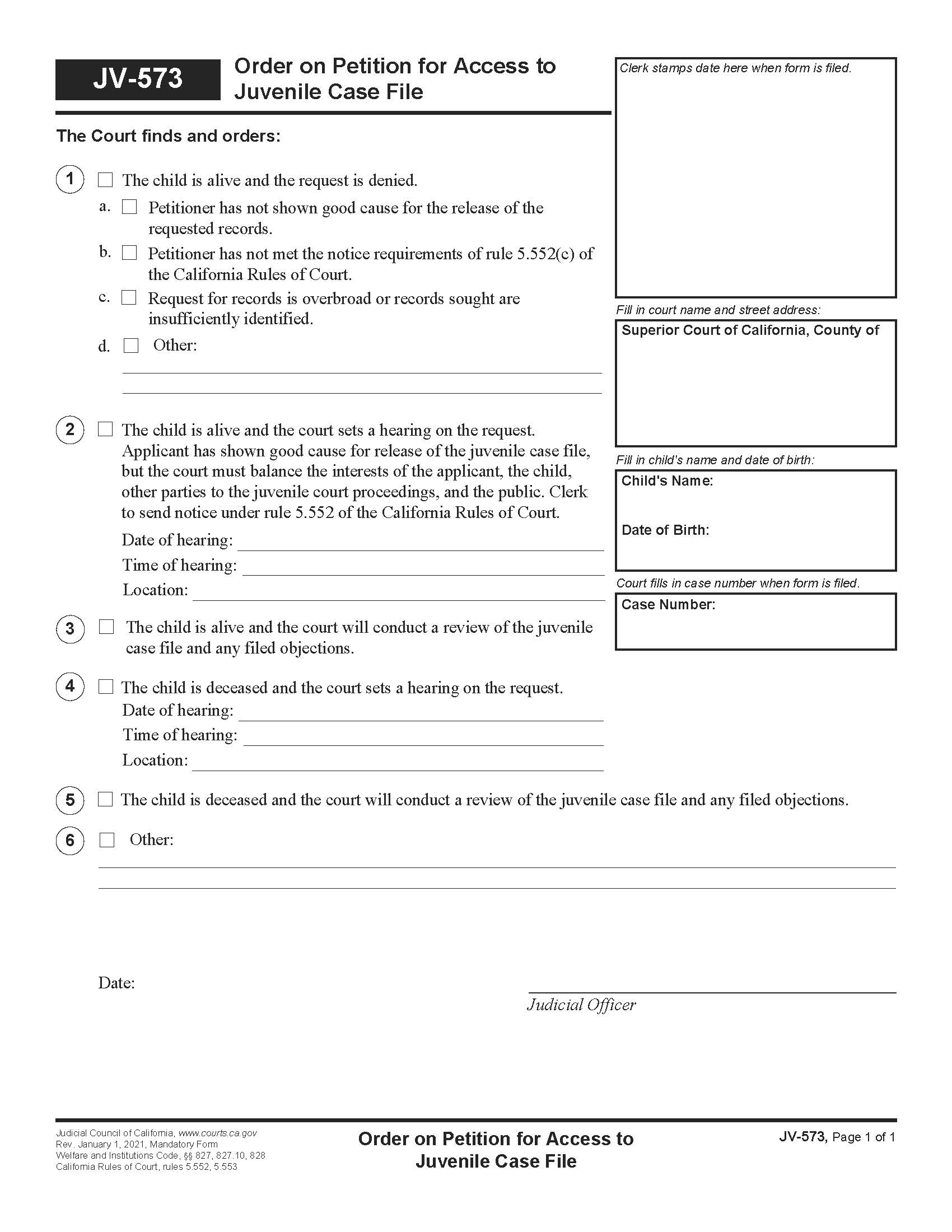 Order On Petition For Access To Juvenile Case File {JV-573} | Pdf Fpdf Doc Docx | California