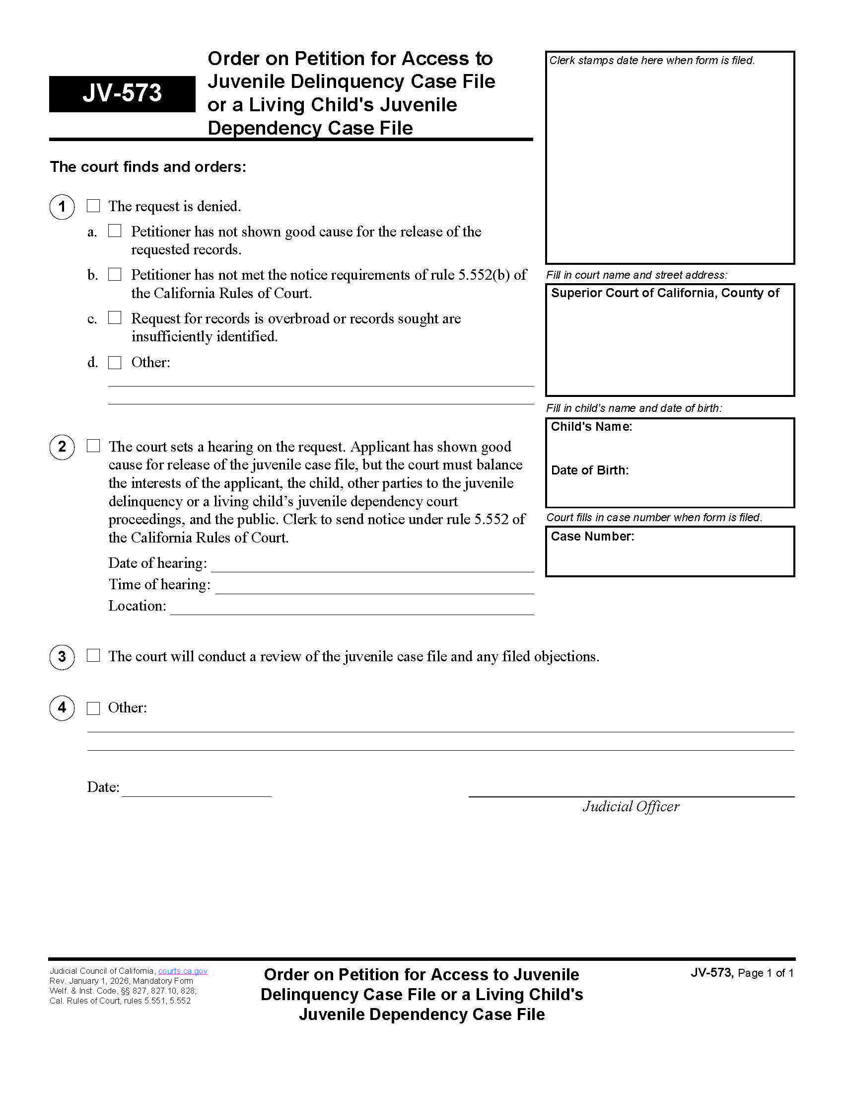 Order On Petition For Access To Juvenile Case File {JV-573} | Pdf Fpdf Doc Docx | California