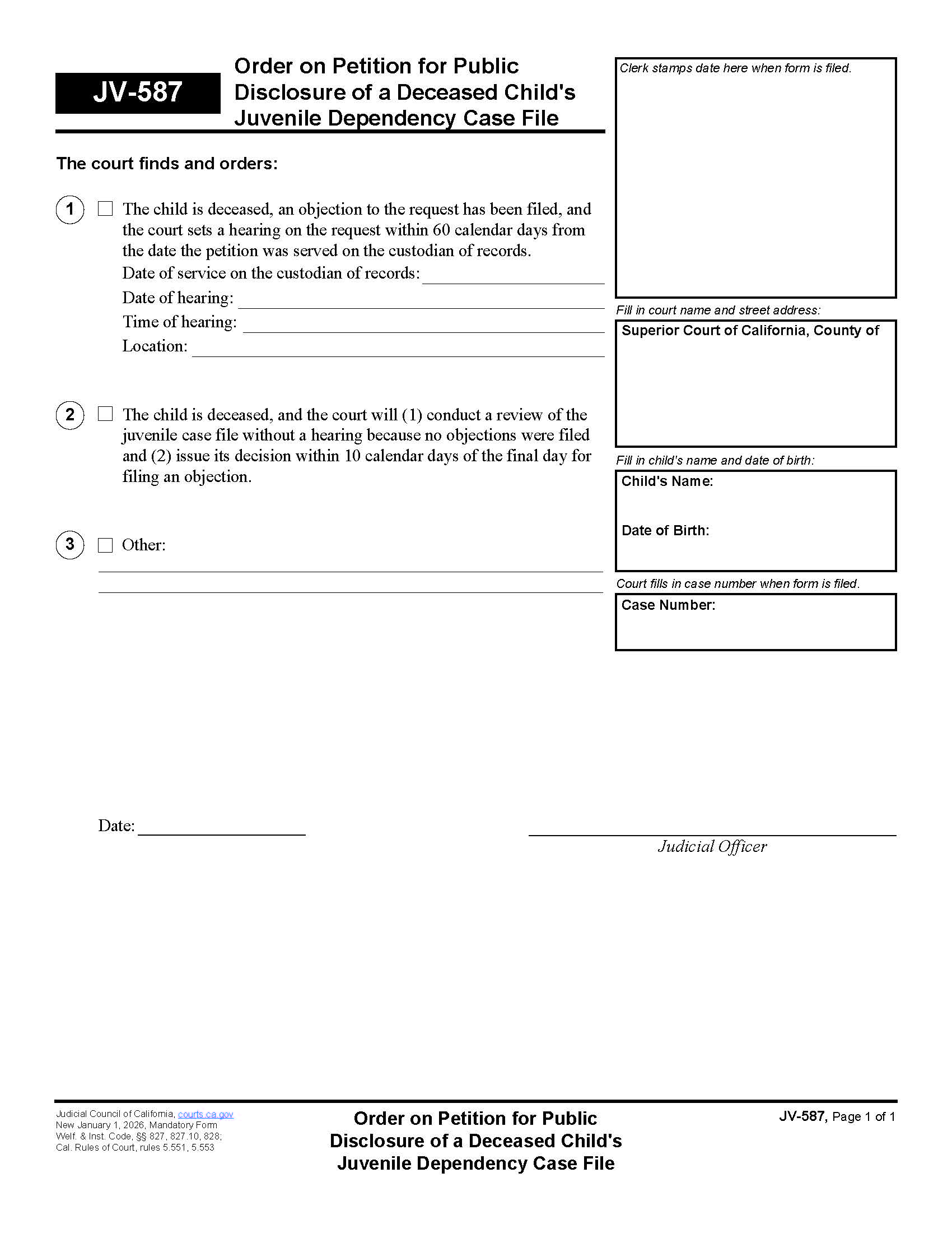 Order On Petition For Public Disclosure Of A Deceased Childs-File {JV-587} | Pdf Fpdf Docx | California