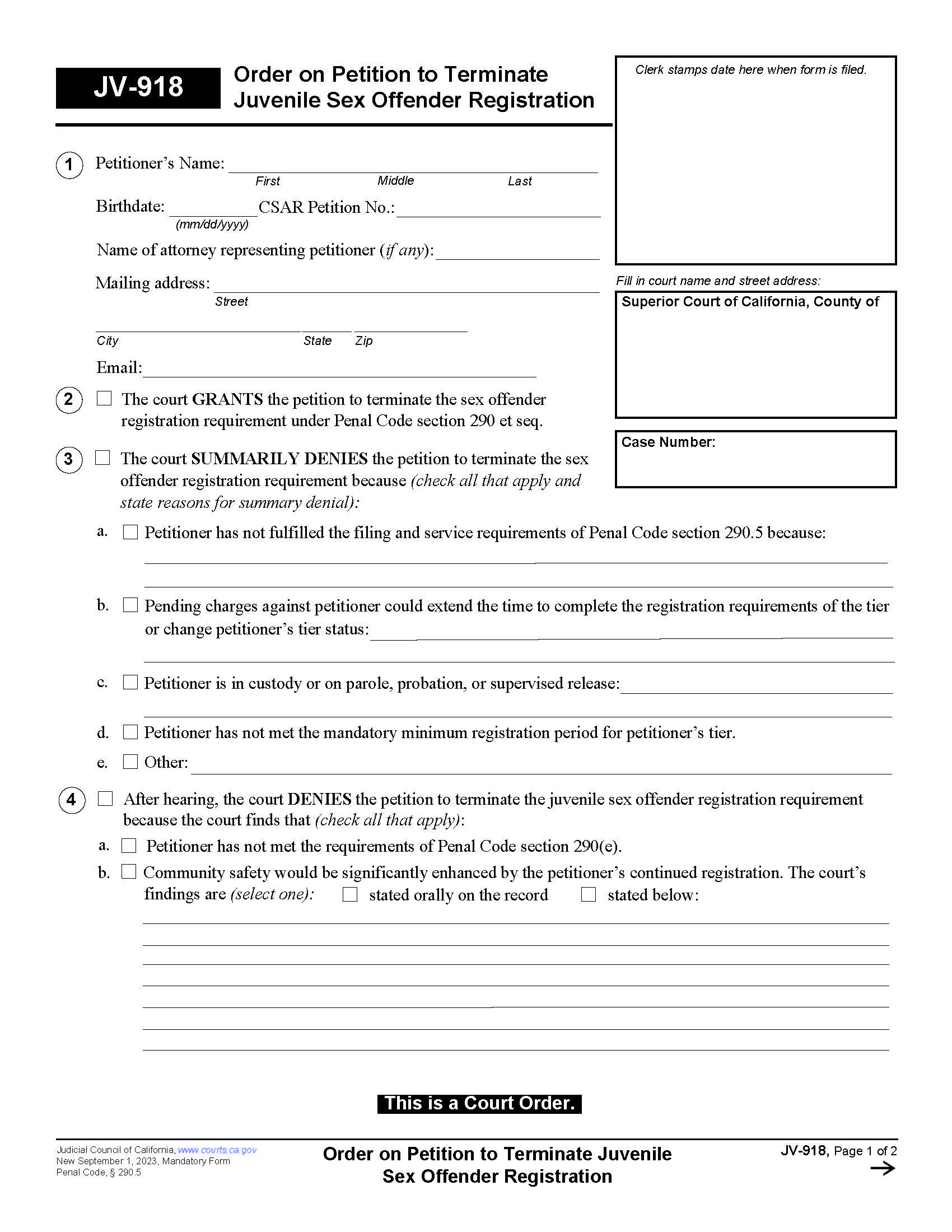 Order On Petition To Terminate Juvenile Sex Offender Registration {JV-918} | Pdf Fpdf Docx | California
