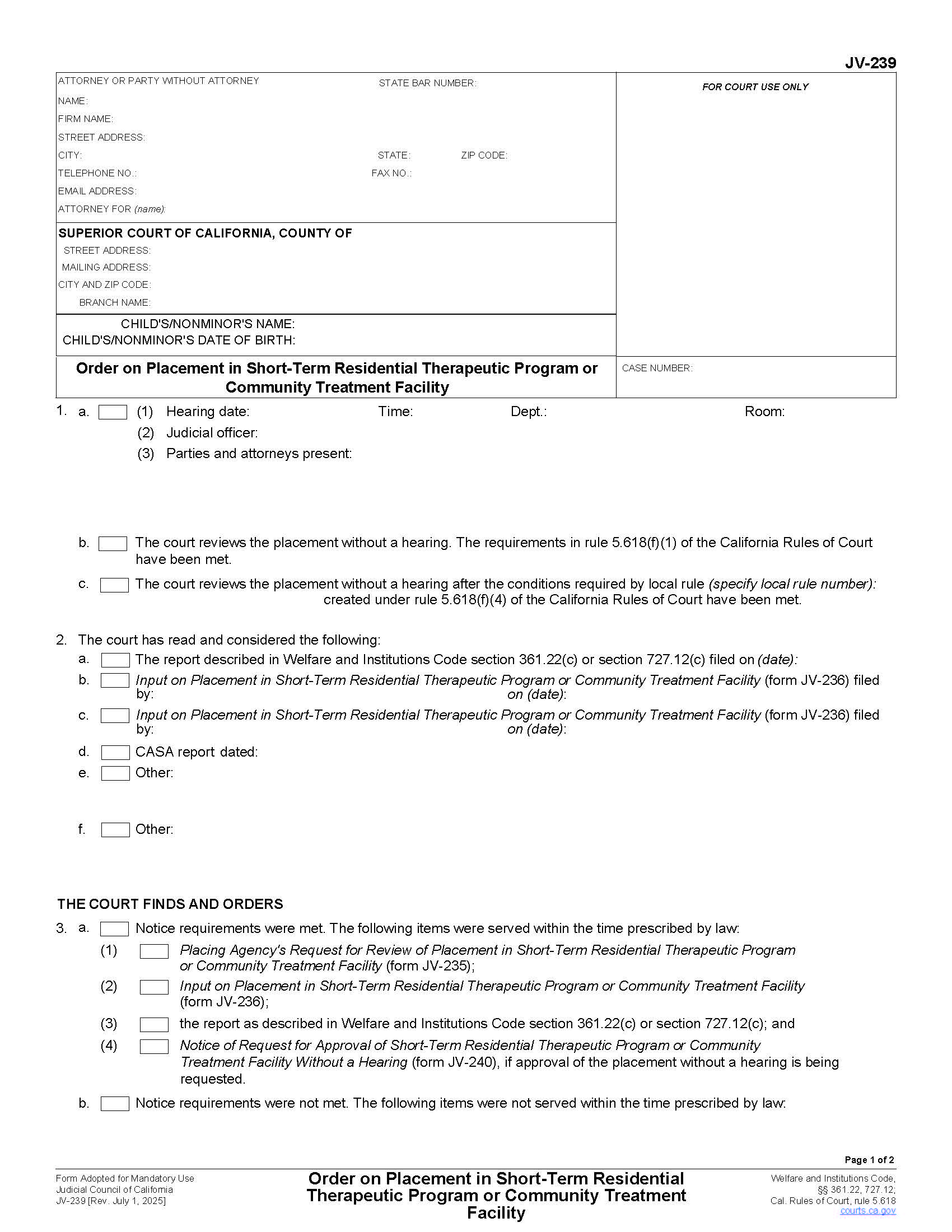 Order On Placement In Short-Term Residential Therapeutic Program {JV-239} | Pdf Fpdf Docx | California