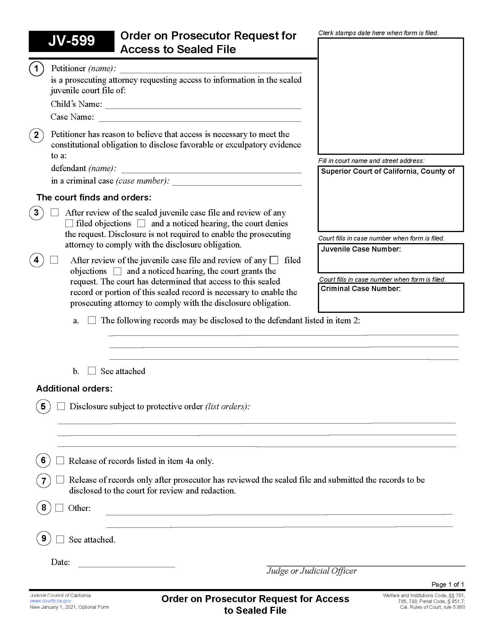 Order On Prosecutor Request For Access To Sealed File {JV-599} | Pdf Fpdf Docx | California