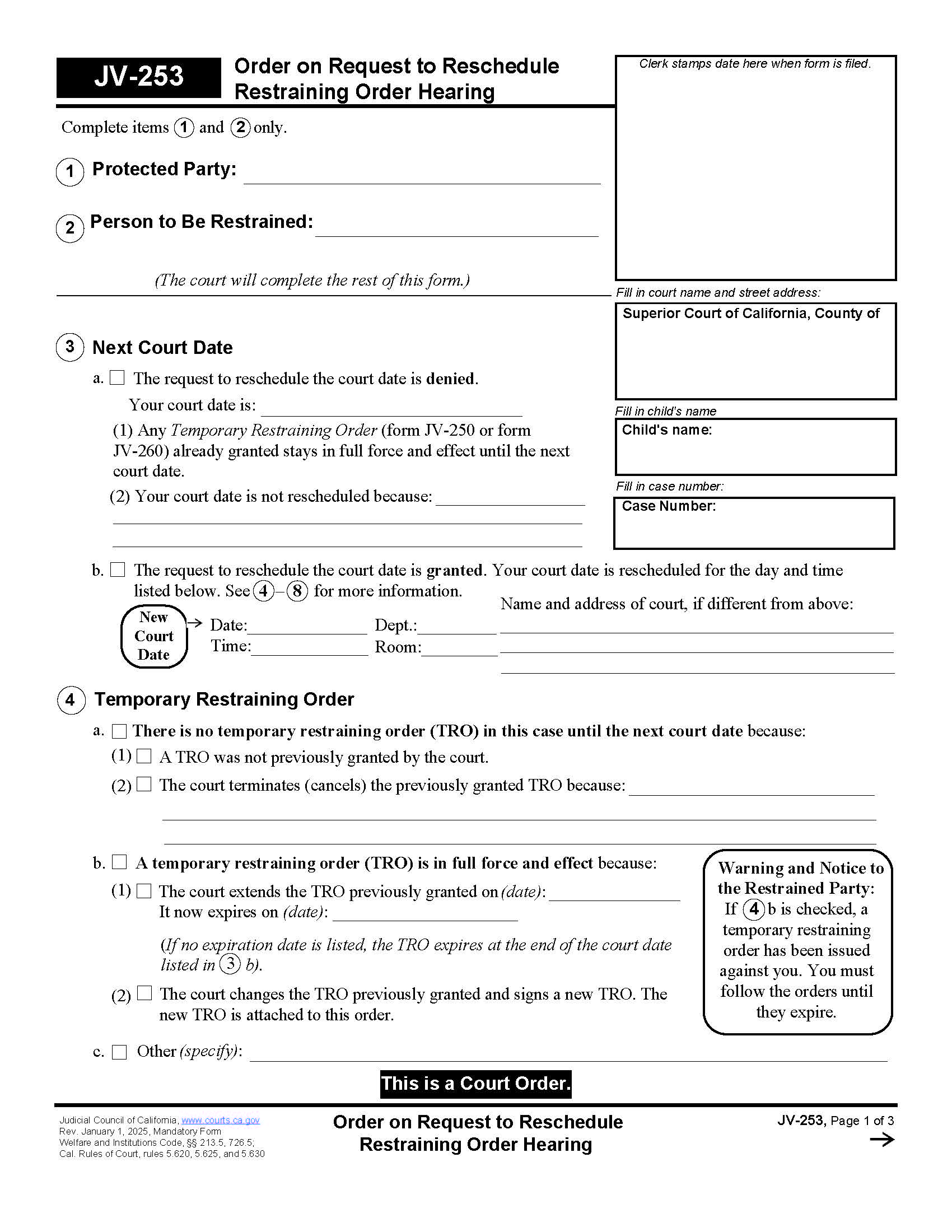 Order On Request To Reschedule Restraining Order Hearing {JV-253} | Pdf Fpdf Docx | California