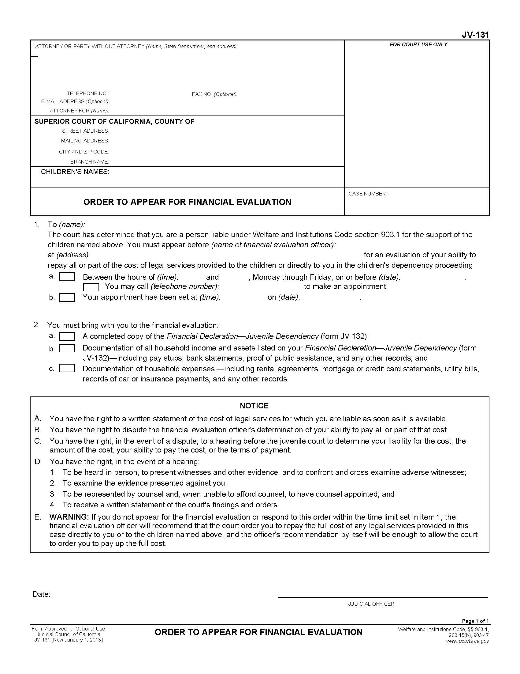 Order To Appear For Financial Evaluation {JV-131} | Pdf Fpdf Doc Docx | California