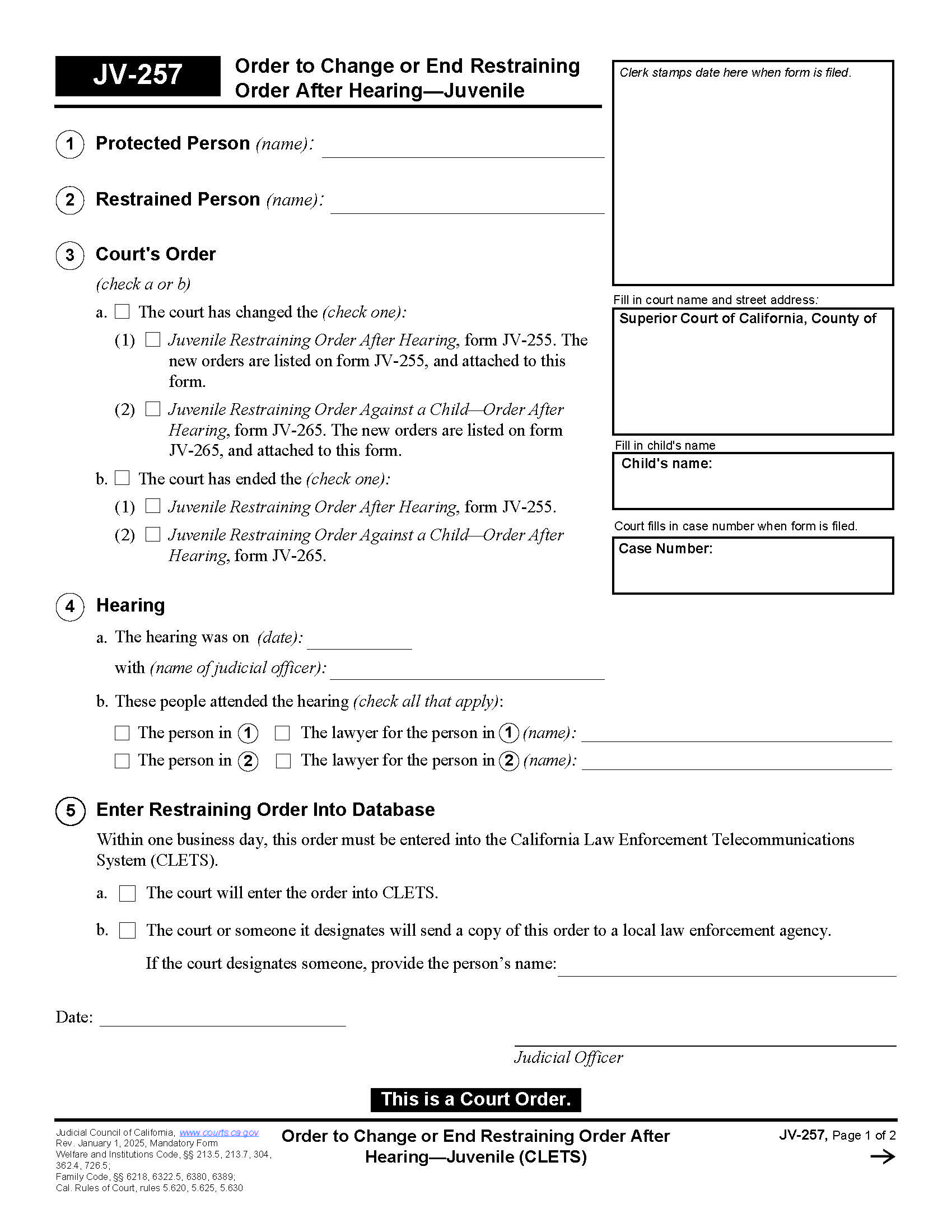 Order To Change Or End Restraining Order After Hearing-Juvenile (CLETS) {JV-257} | Pdf Fpdf Doc Docx | California