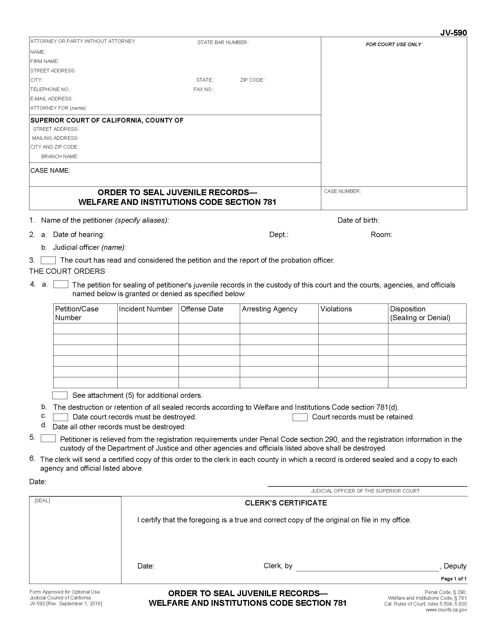 Order To Seal Juvenile Records {JV-590} | Pdf Fpdf Docx | California