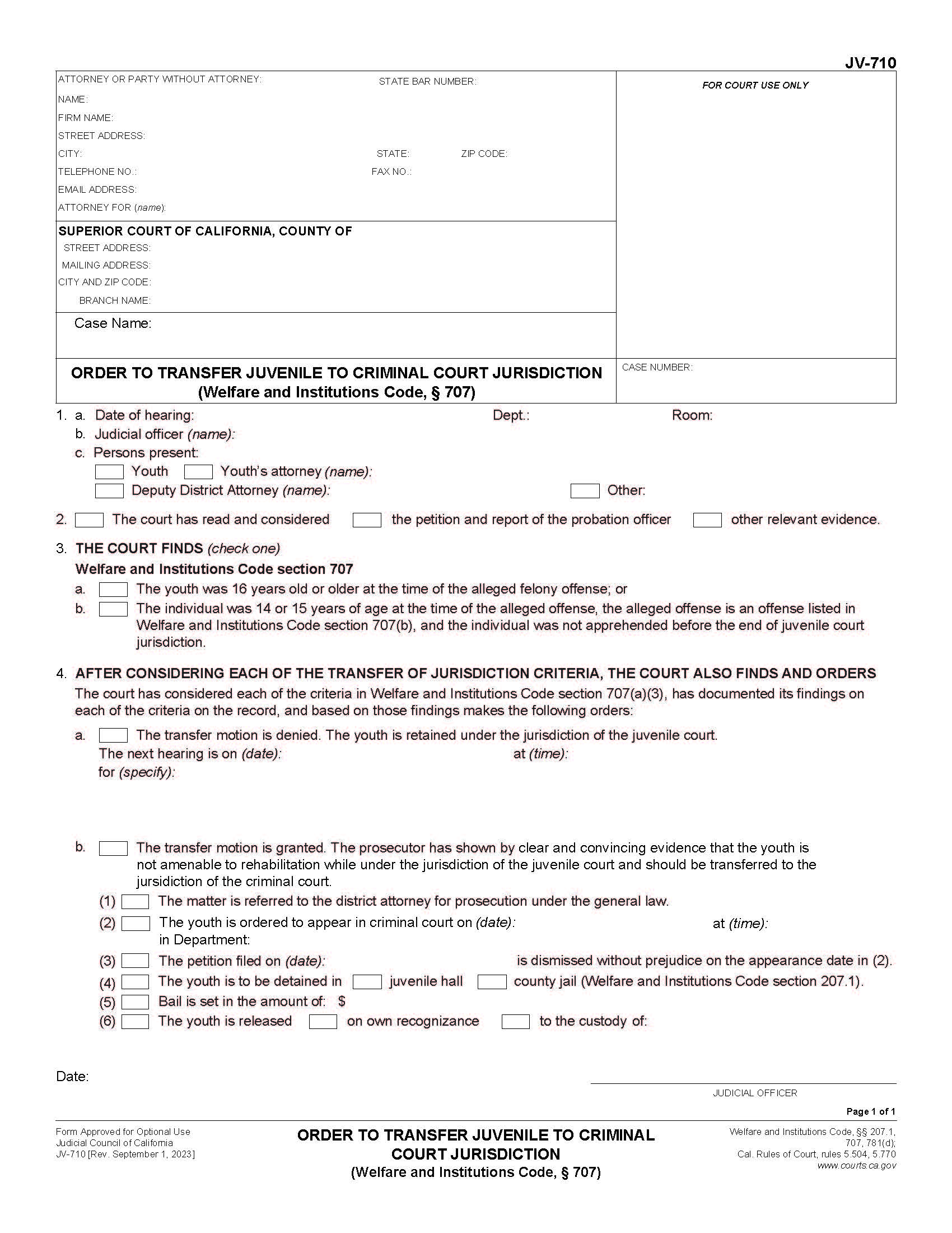 Order To Transfer Juvenile To Criminal Court Jurisdiction {JV-710} | Pdf Fpdf Doc Docx | California