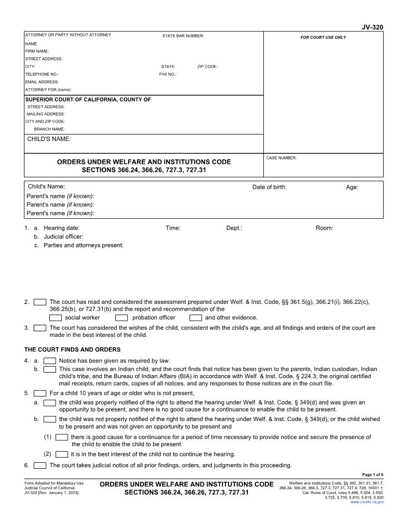 Orders Under Welfare And Institutions Code Sections 366.24 366.26 727.3 727.31 {JV-320} | Pdf Fpdf Docx | California