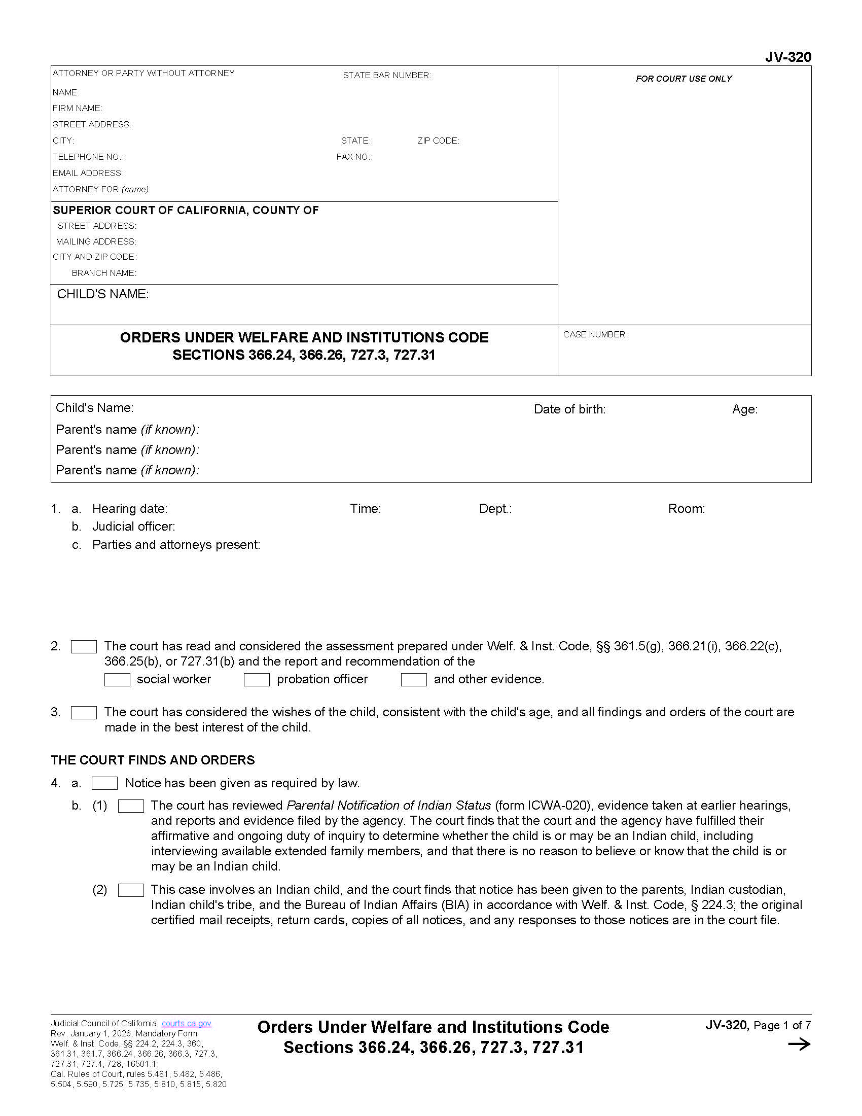 Orders Under Welfare And Institutions Code Sections 366.24 366.26 727.3 727.31 {JV-320} | Pdf Fpdf Docx | California