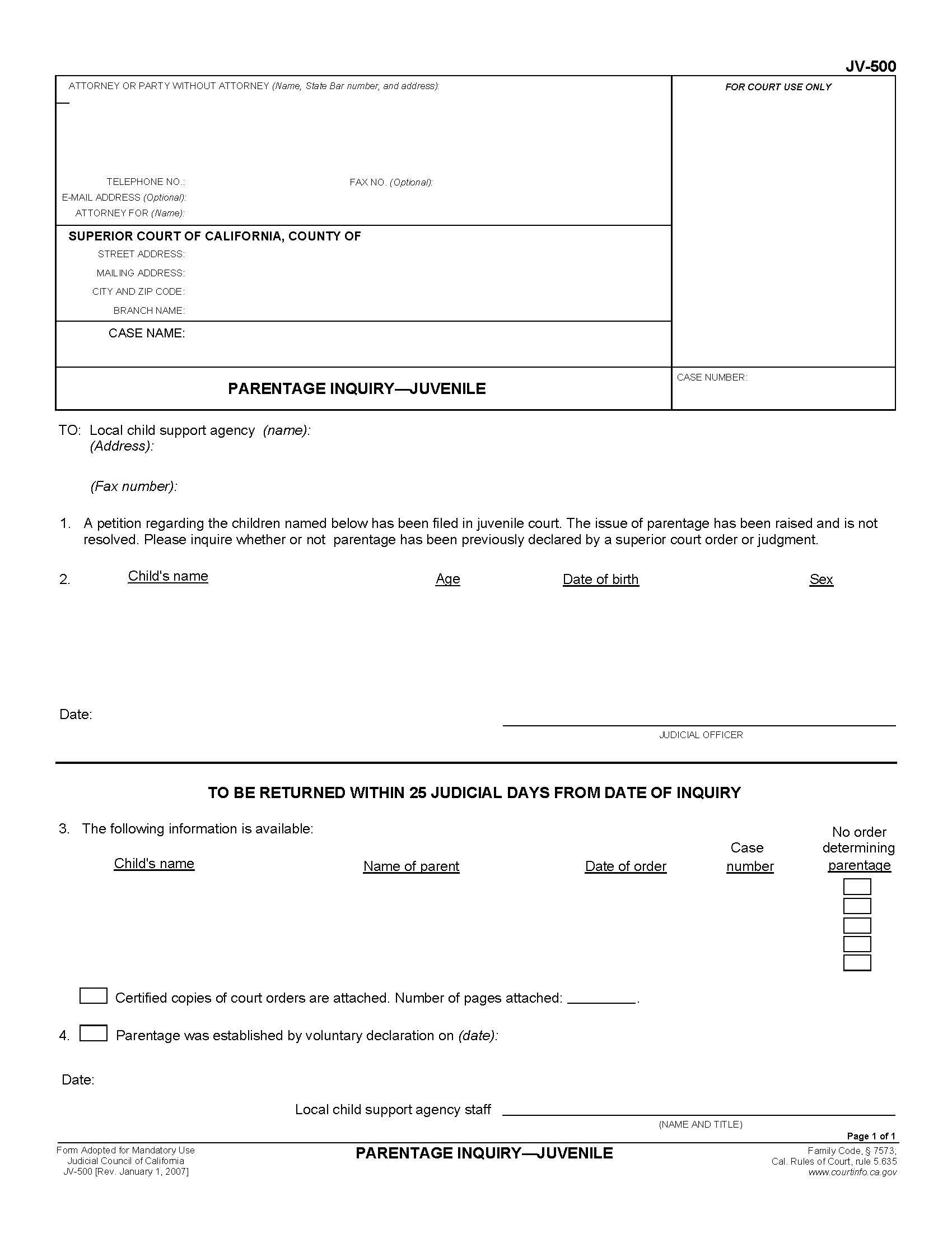 Parentage Inquiry-Juvenile {JV-500} | Pdf Fpdf Doc Docx | California