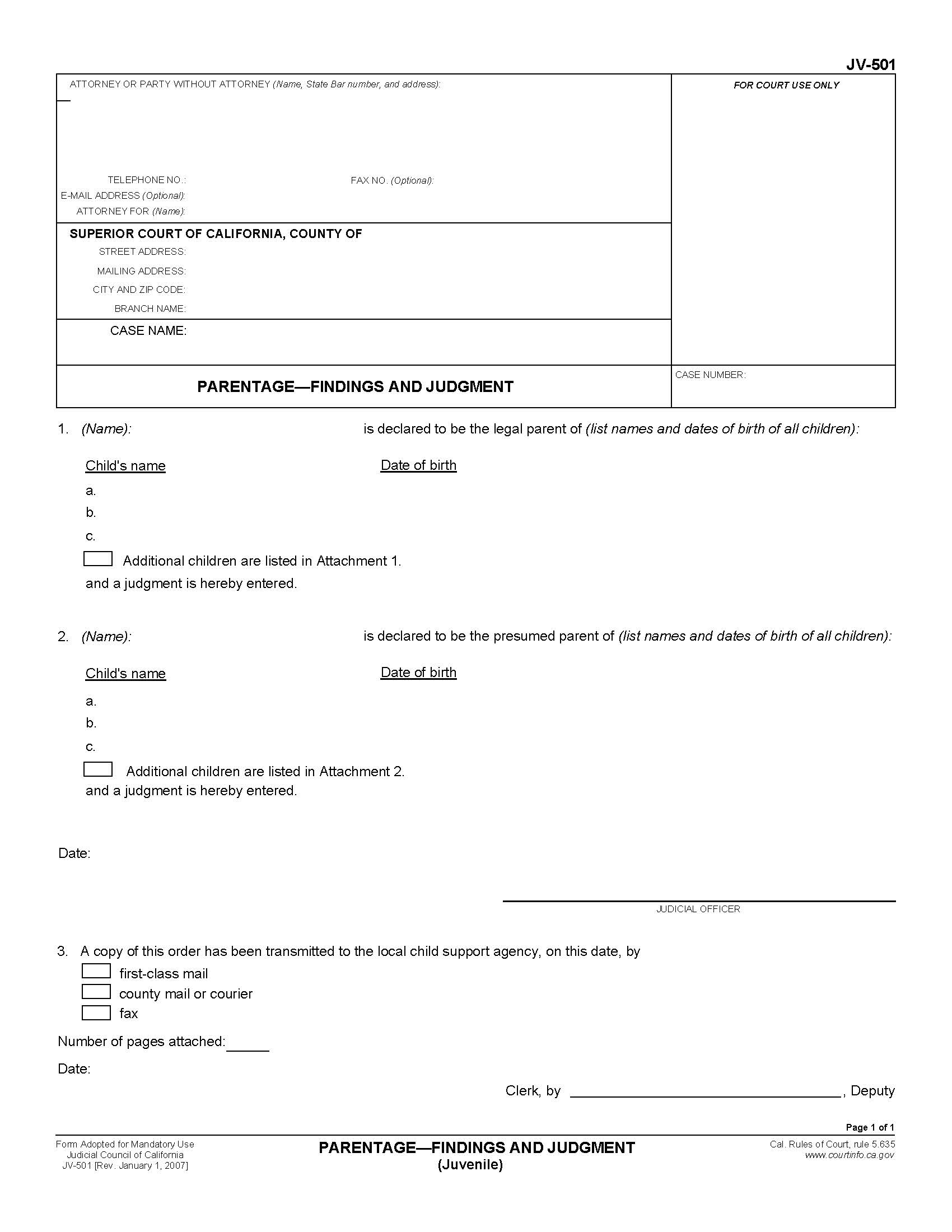 Parentage-Finding And Judgment (Juvenile) {JV-501} | Pdf Fpdf Doc Docx | California