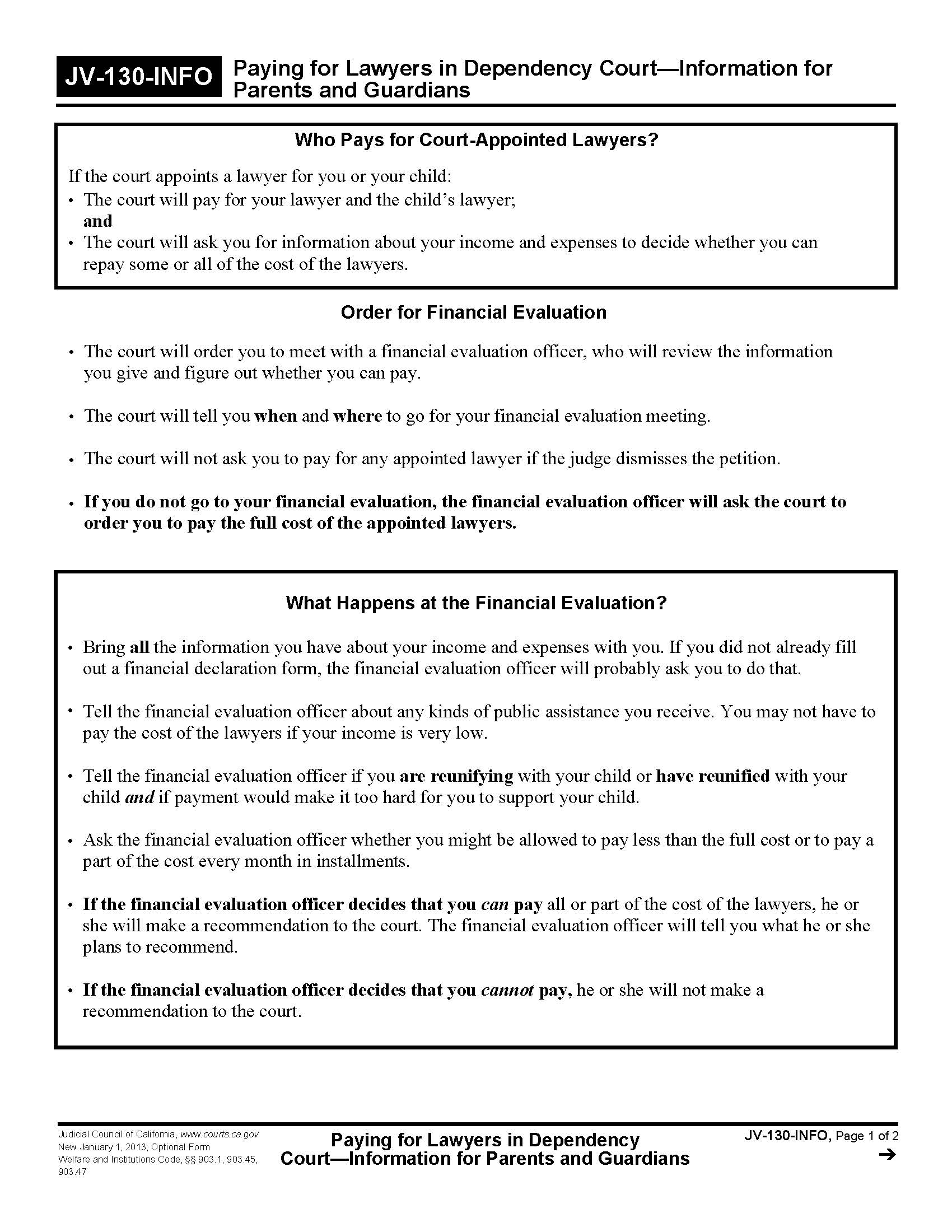Paying For Lawyers In Dependency Court-Information For Parents And Guardians {JV-130-INFO} | Pdf Fpdf Doc Docx | California