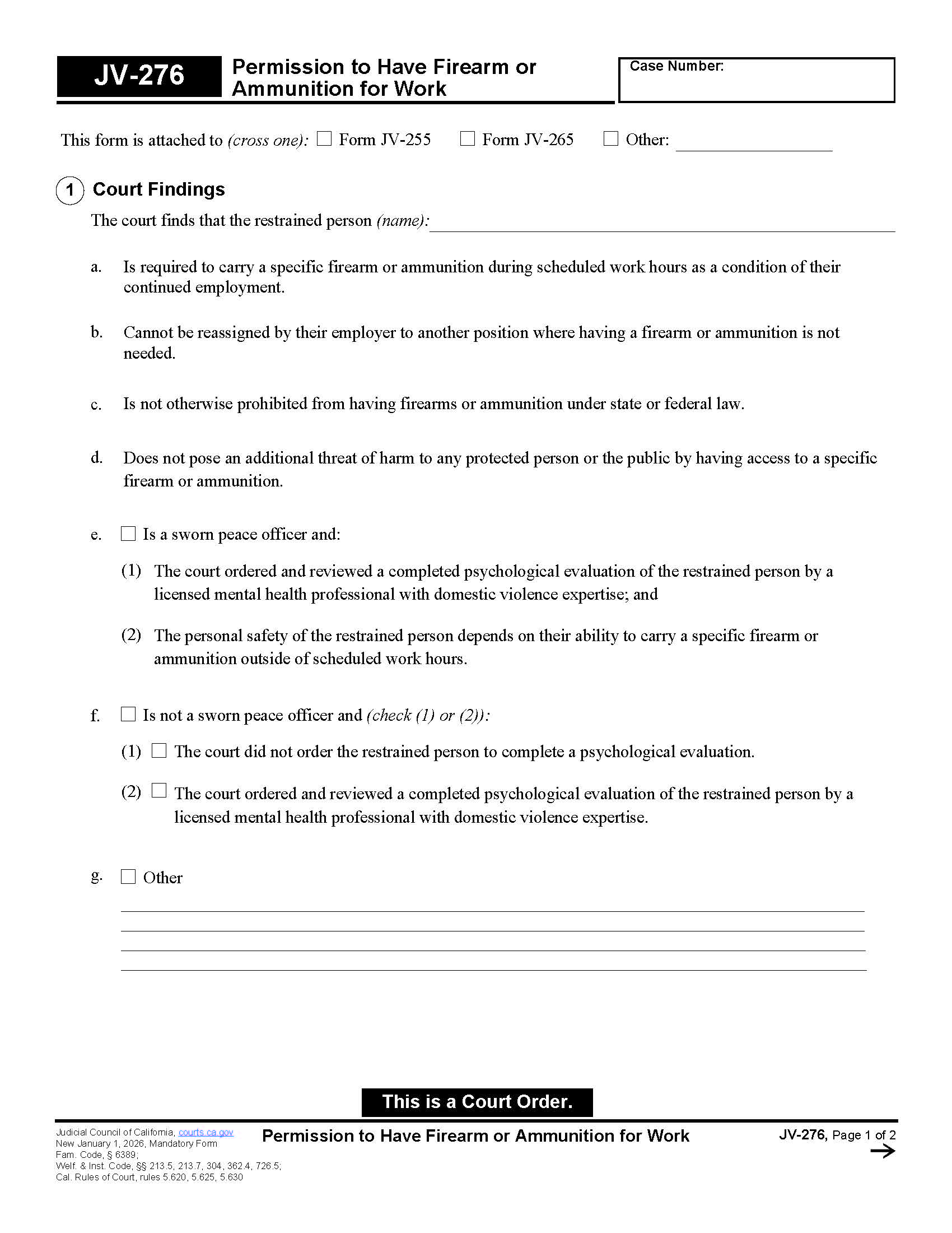 Permission To Have Firearm Or Ammunition For Work {JV-276} | Pdf Fpdf Docx | California