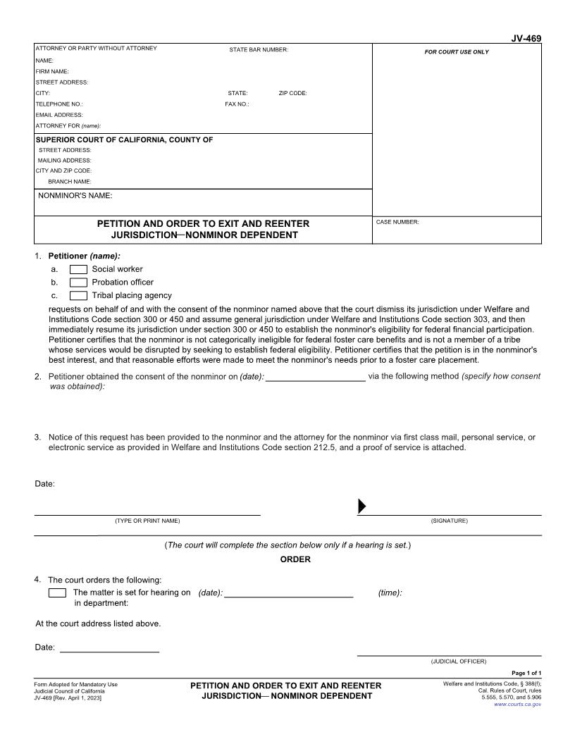Petition And Order To Exit And Reenter Jurisdiction-Nonminor Dependent {JV-469} | Pdf Fpdf Docx | California