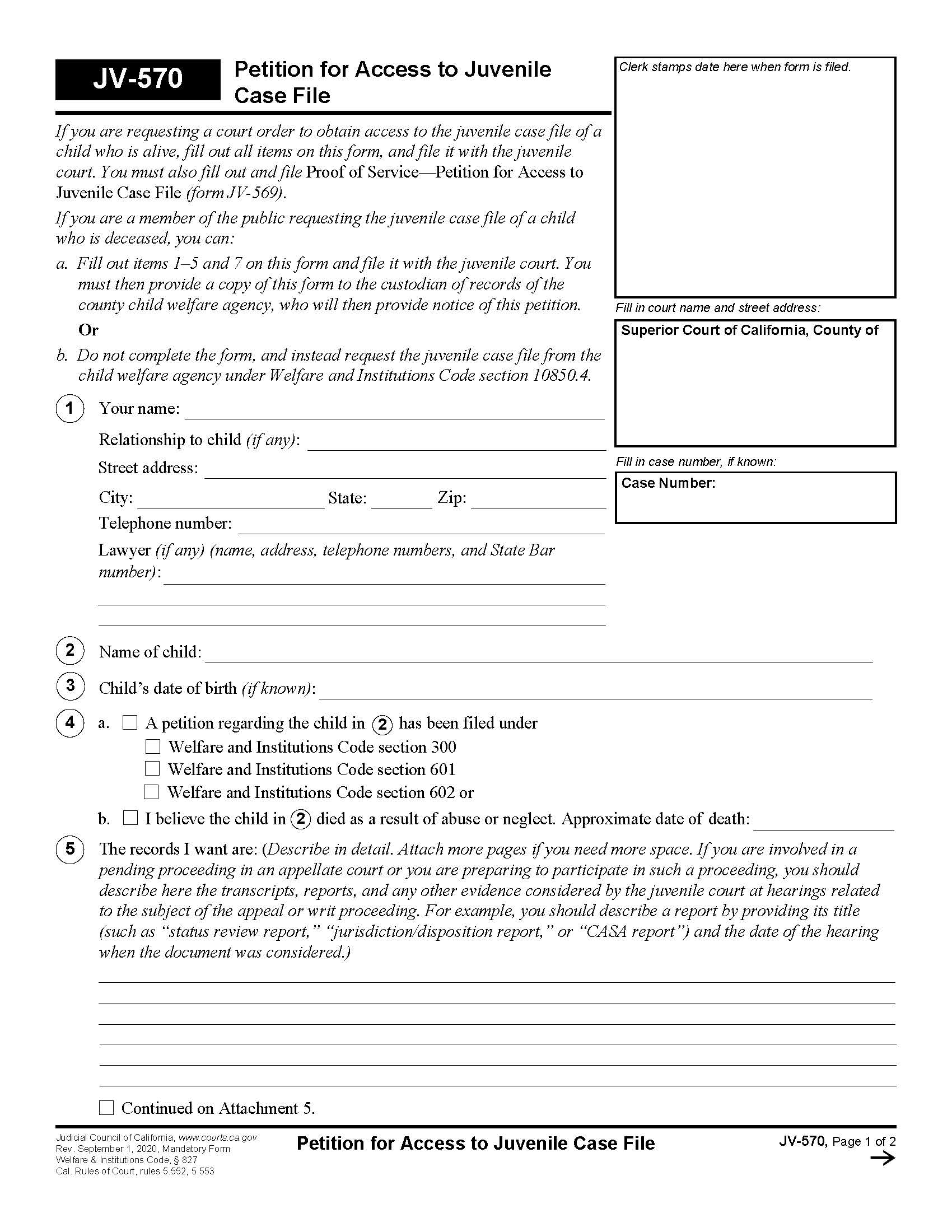 Petition For Access To Juvenile Case File {JV-570} | Pdf Fpdf Doc Docx | California