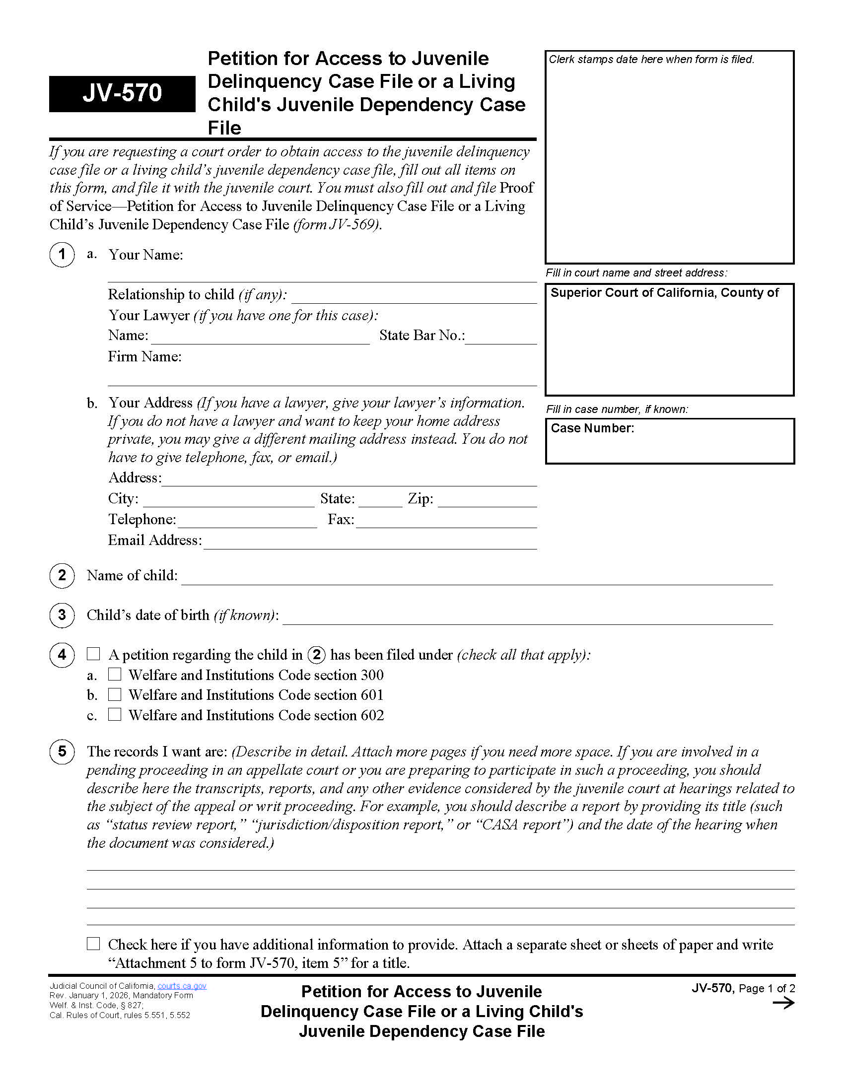 Petition For Access To Juvenile Case File {JV-570} | Pdf Fpdf Doc Docx | California