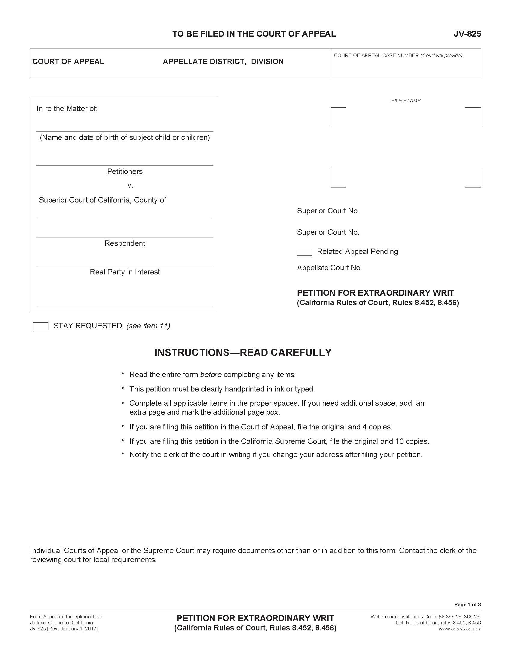 Petition For Extraordinary Writ {JV-825} | Pdf Fpdf Doc Docx | California