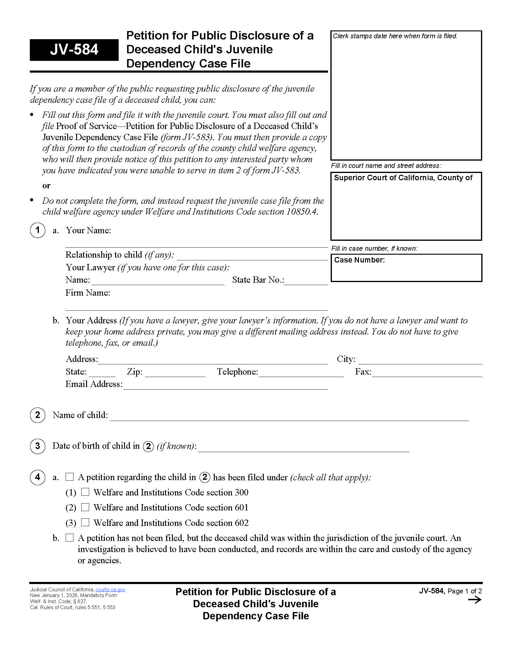 Petition For Public Disclosure Of A Deceased Childs Juvenile Dependency Case File {JV-584} | Pdf Fpdf Docx | California