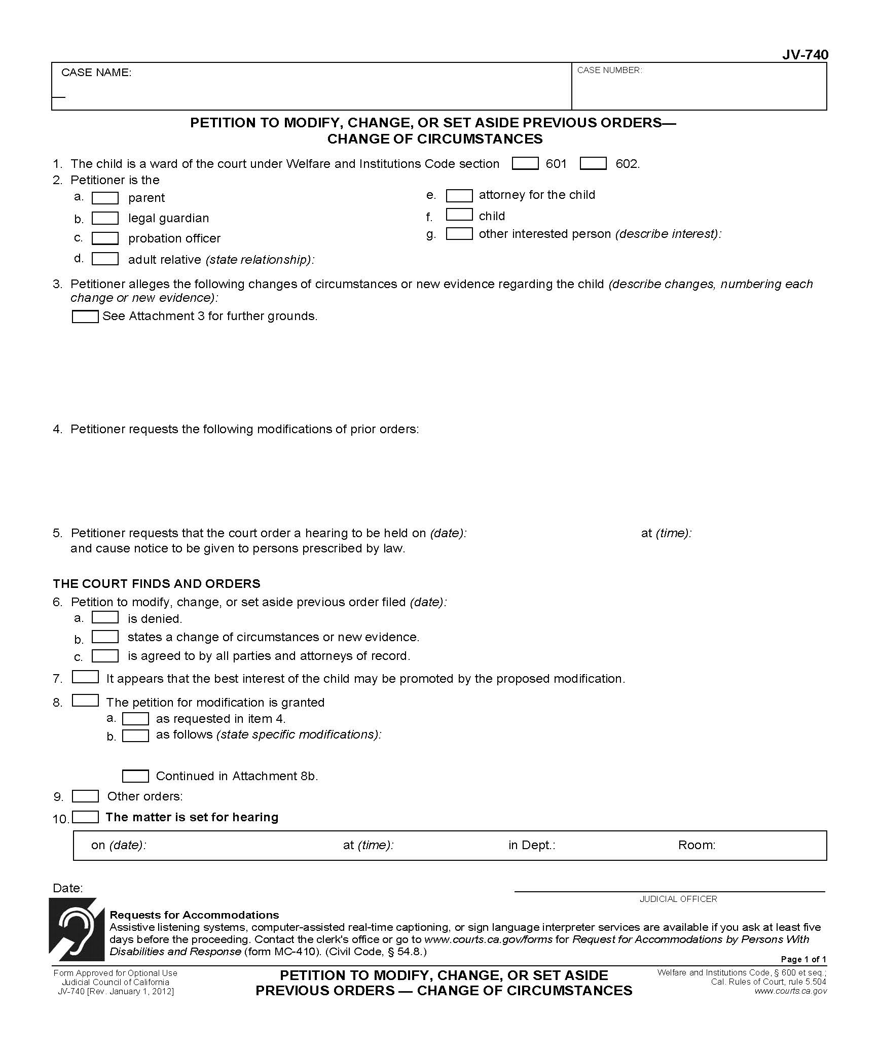 Petition To Modify Change Or Set Aside Previous Orders-Change Of Circumstances {JV-740} | Pdf Fpdf Doc Docx | California