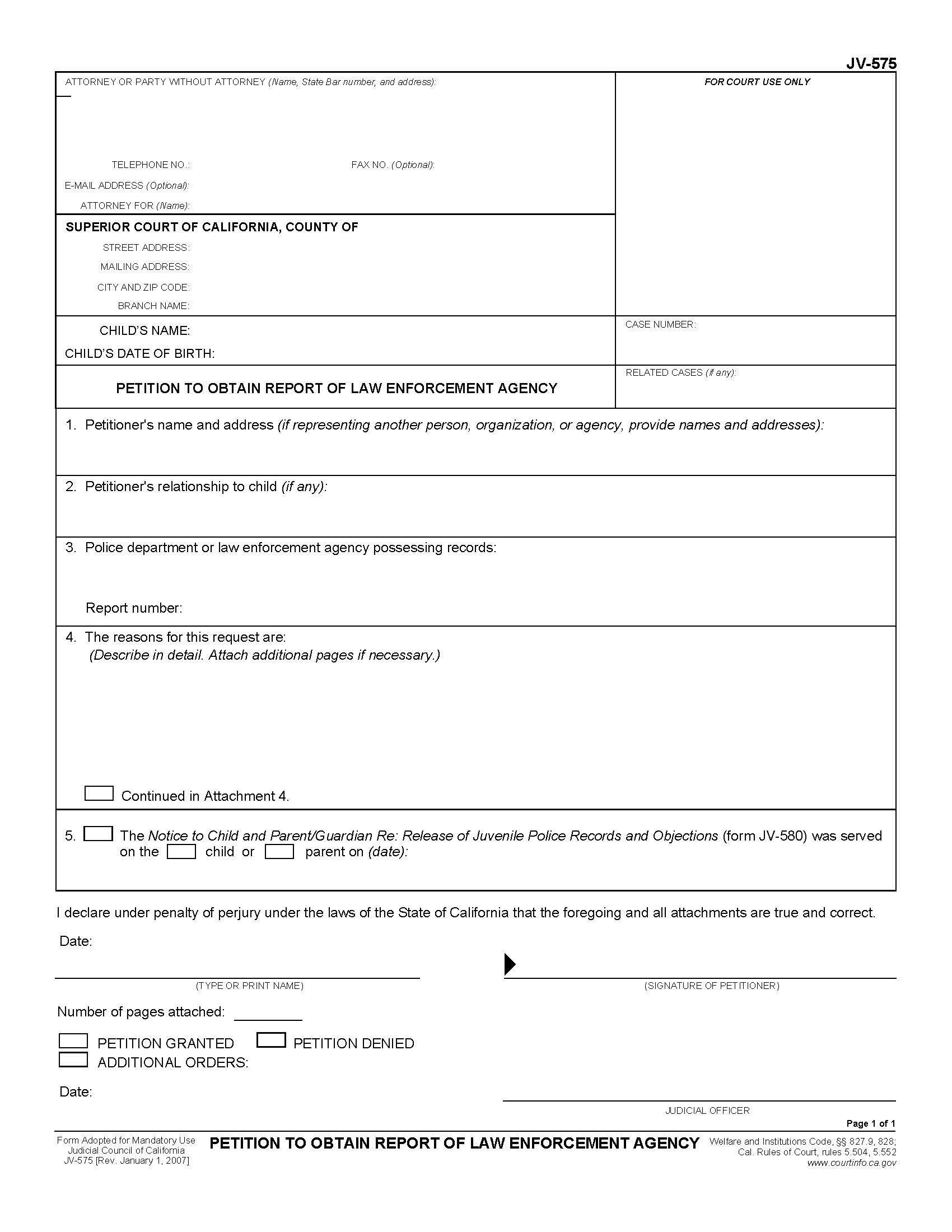Petition To Obtain Report Of Law Enforcement Agency {JV-575} | Pdf Fpdf Doc Docx | California