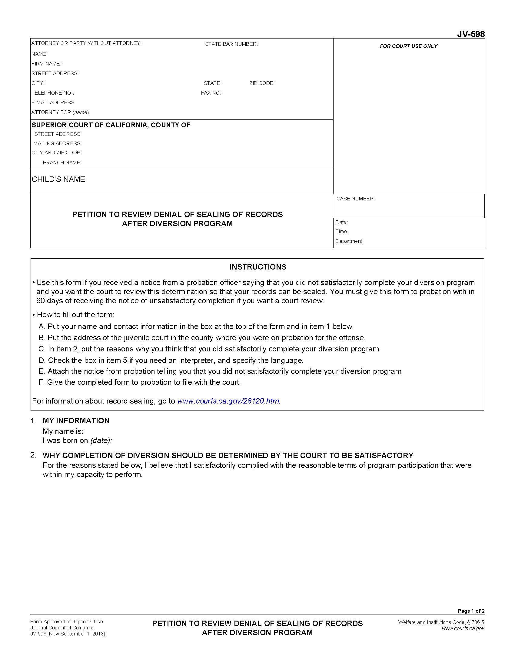 Petition To Review Denial Of Sealing Of Records After Diversion Program {JV-598} | Pdf Fpdf Docx | California