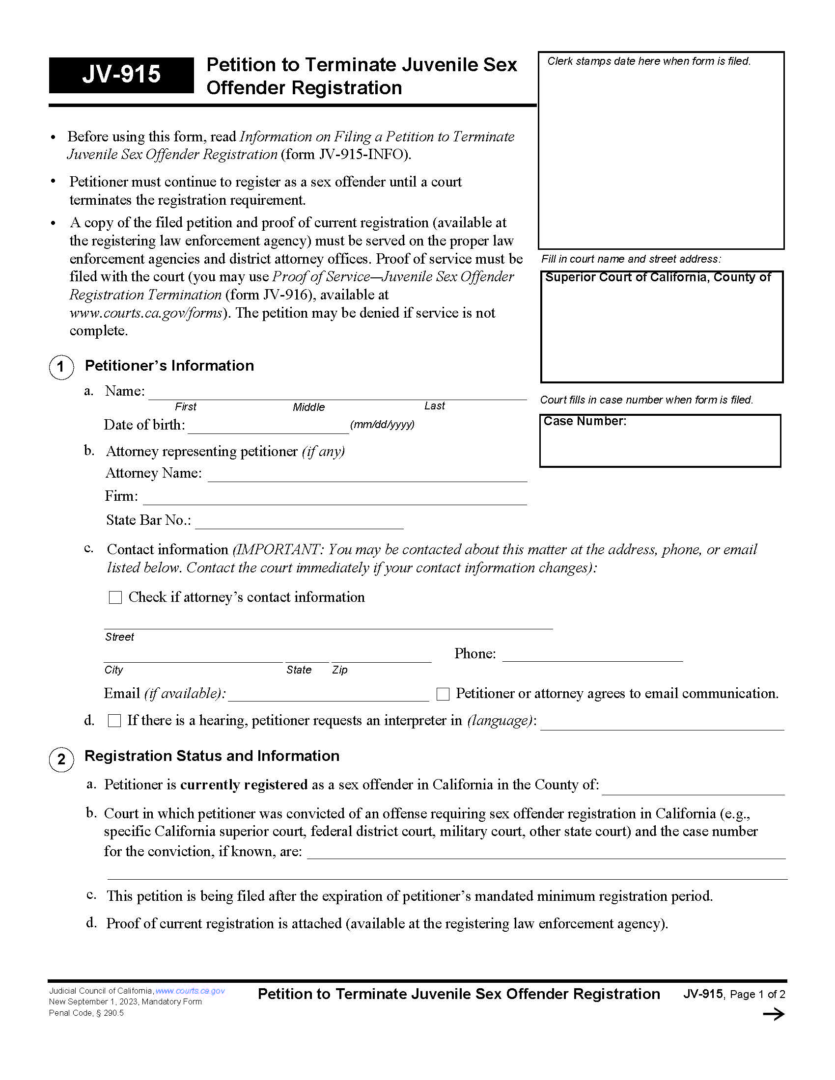 Petition To Terminate Juvenile Sex Offender Registration {JV-915} | Pdf Fpdf Docx | California
