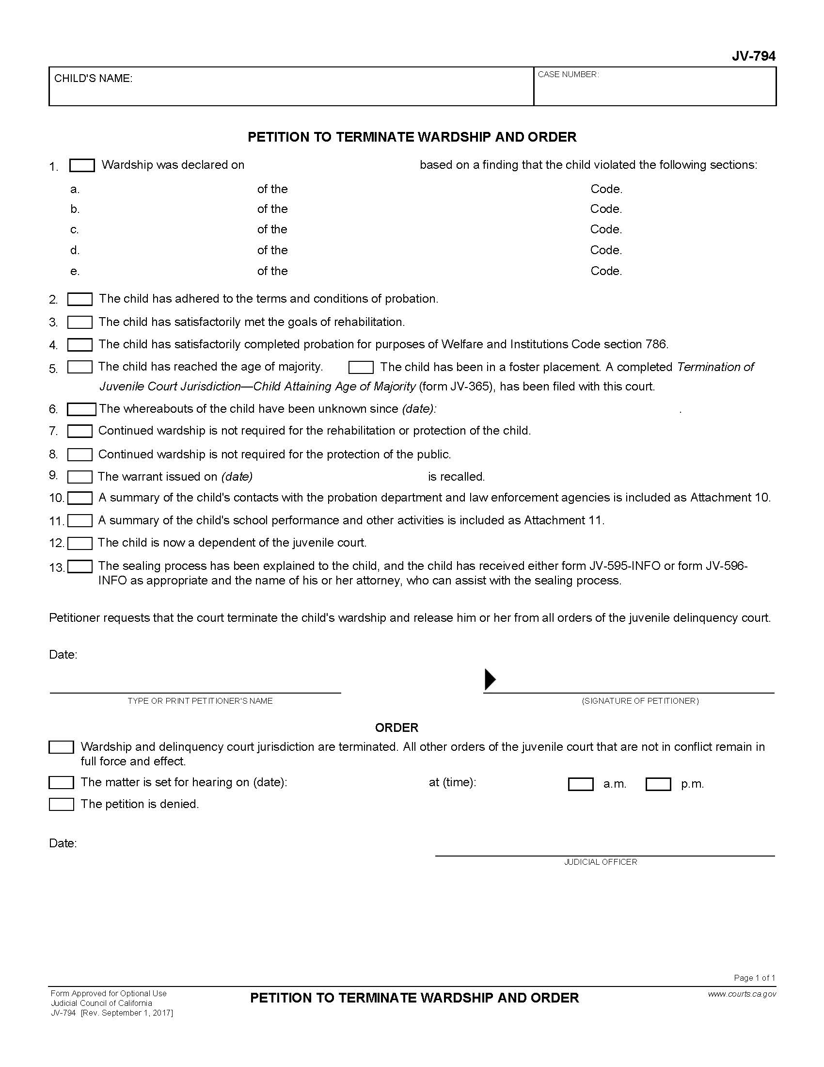 Petition To Terminate Wardship And Order {JV-794} | Pdf Fpdf Doc Docx | California
