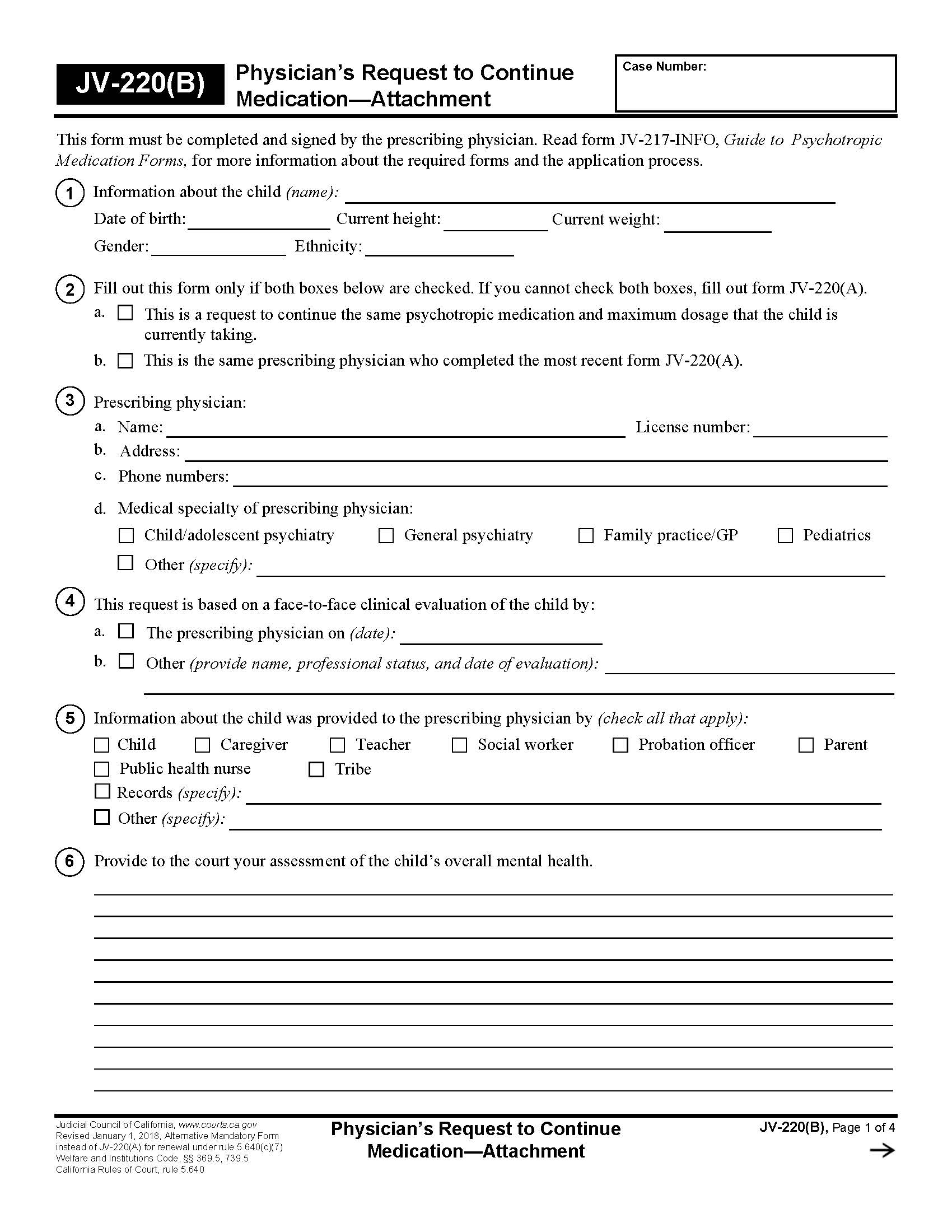 Physicians Request To Continue Medication-Attachment {JV-220(B)} | Pdf Fpdf Docx | California