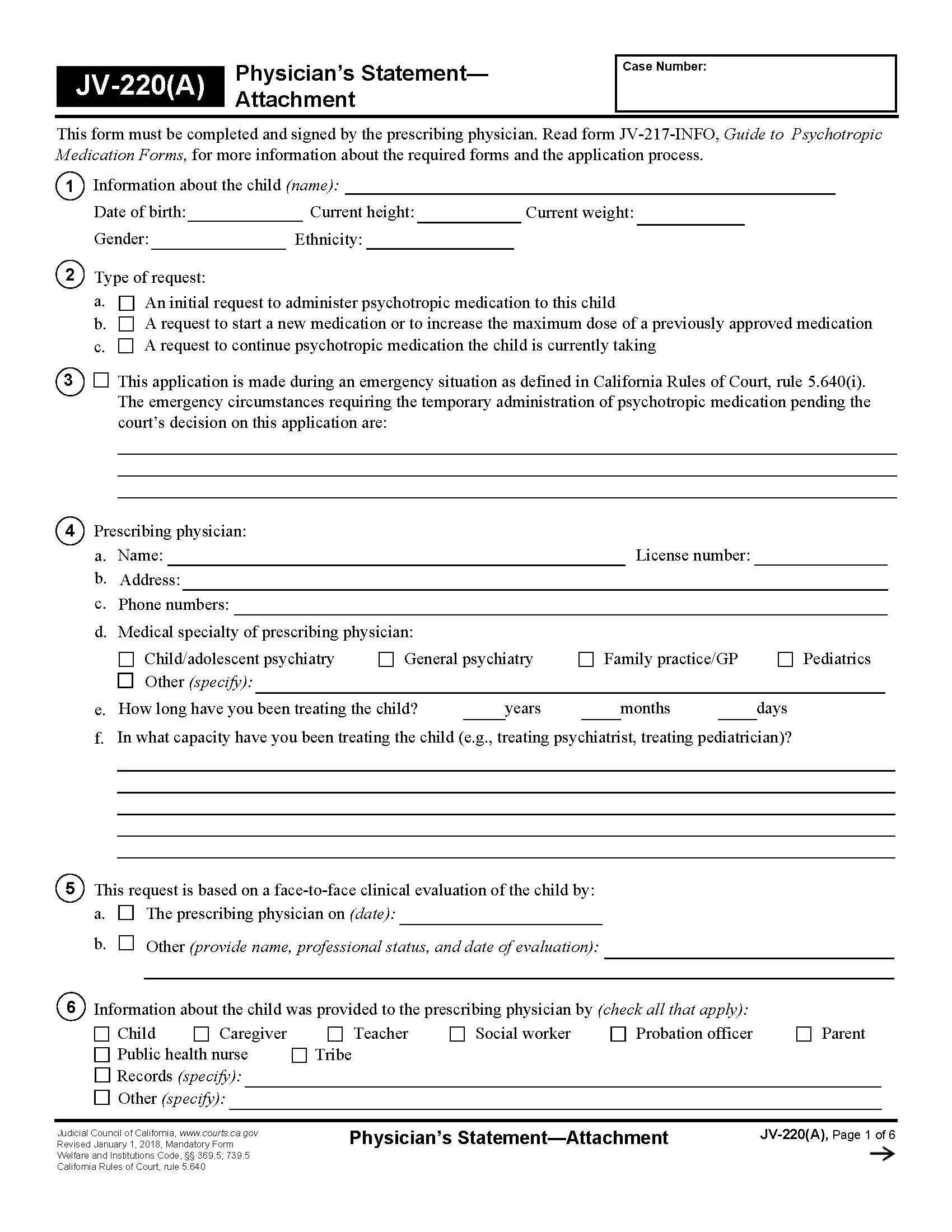 Physicians Statement-Attachment {JV-220(A)} | Pdf Fpdf Docx | California