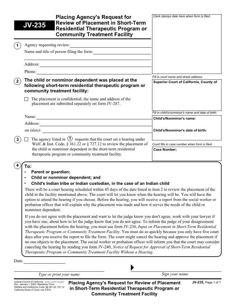 Placing Agencys Request For Review Of Placement In Short-Term Residential Therapeutic Program {JV-235} | Pdf Fpdf Docx | California