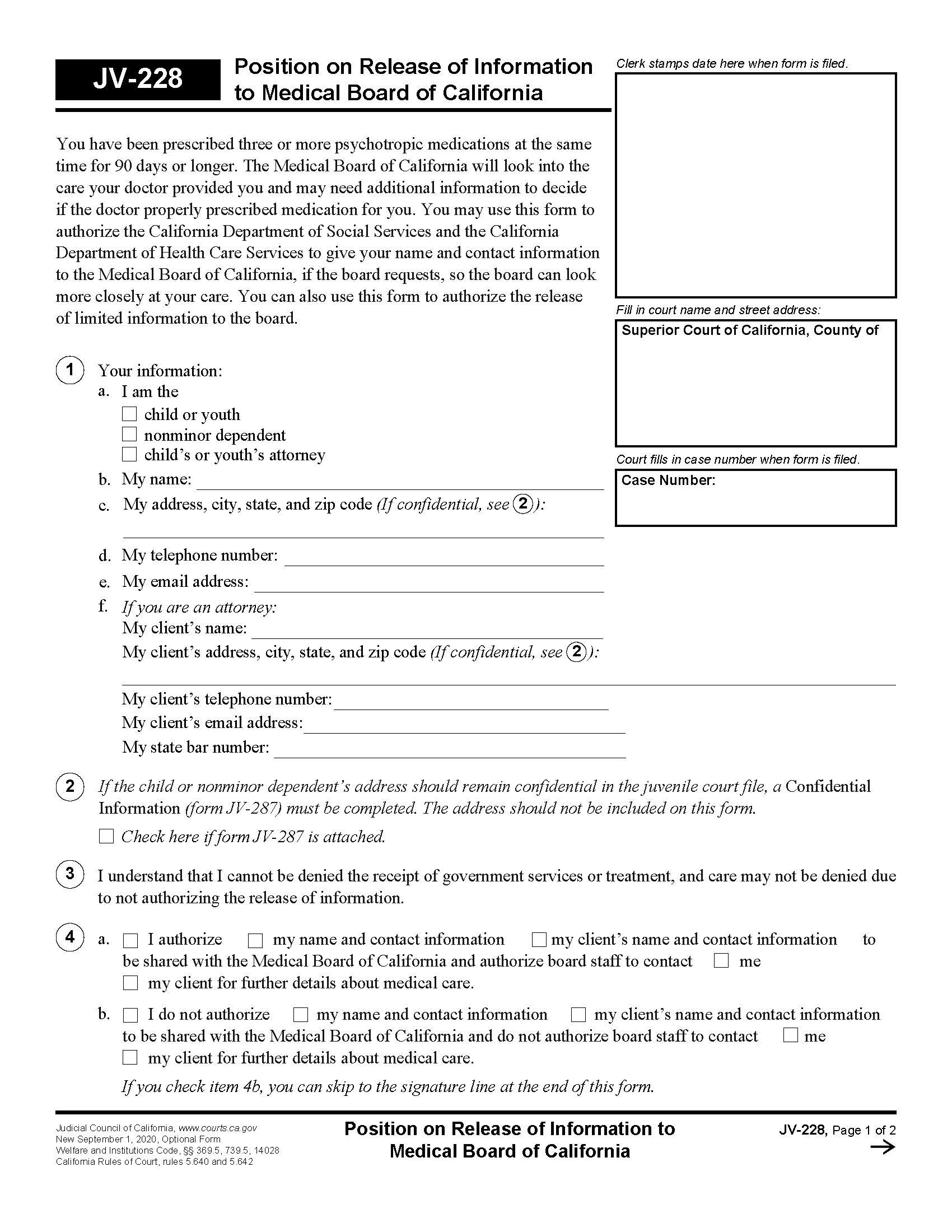 Position On Release Of Information To Medical Board Of California {JV-228} | Pdf Fpdf Docx | California