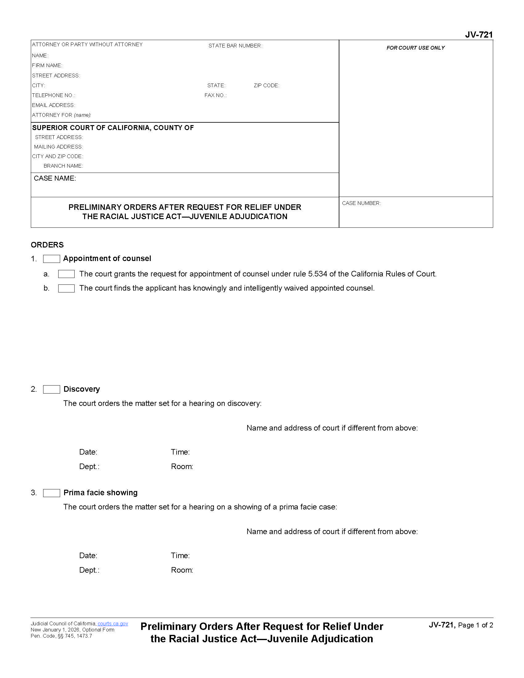 Preliminary Orders After Request For Relief Under The Racial Justice Act {JV-721} | Pdf Fpdf Docx | California
