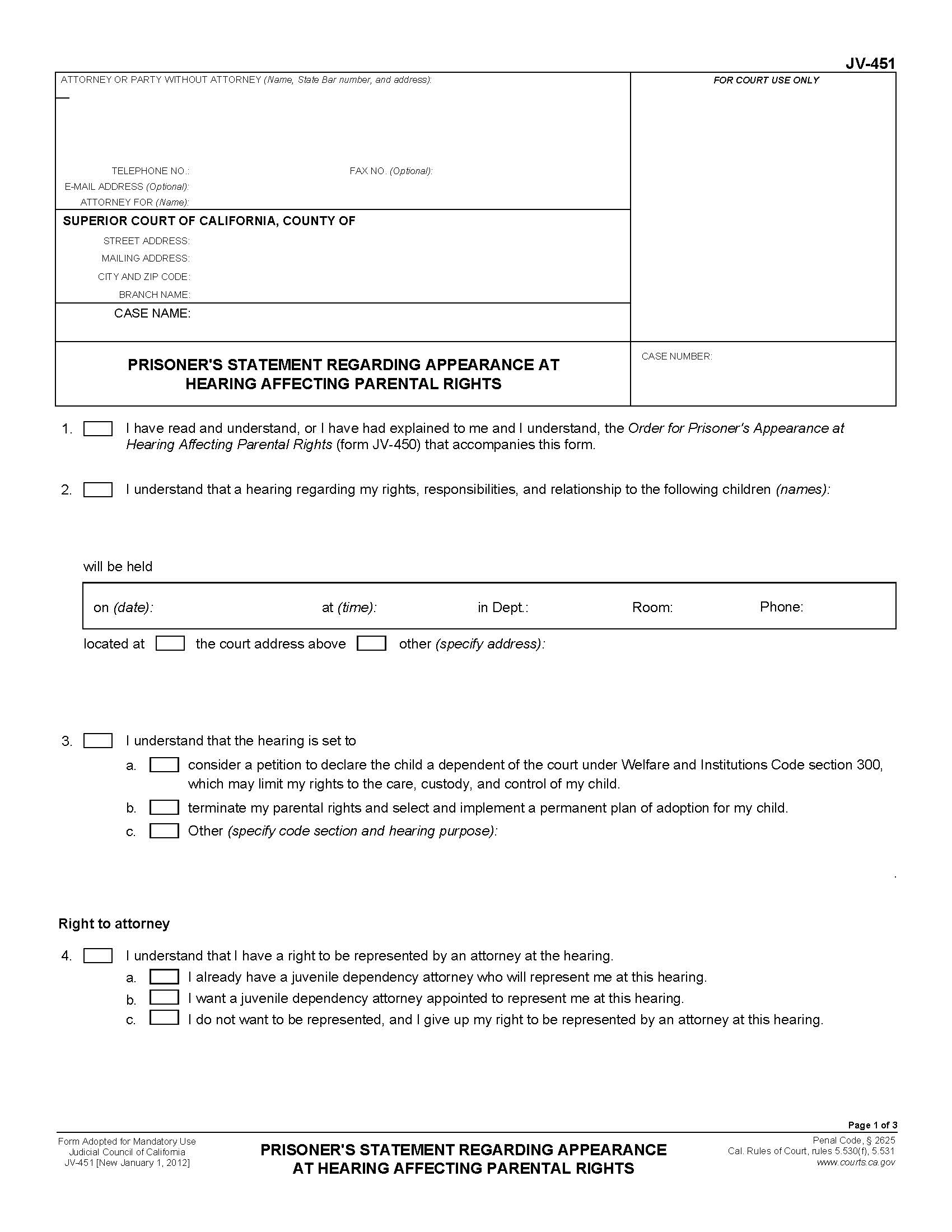 Prisoners Statement Regarding Appearance At Hearing Affecting Parental Rights {JV-451} | Pdf Fpdf Doc Docx | California