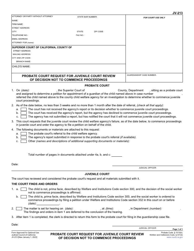 Probate Court Request For Juvenile Court Review Of Decision Not To Commence Proceedings {JV-213} | Pdf Fpdf Docx | California