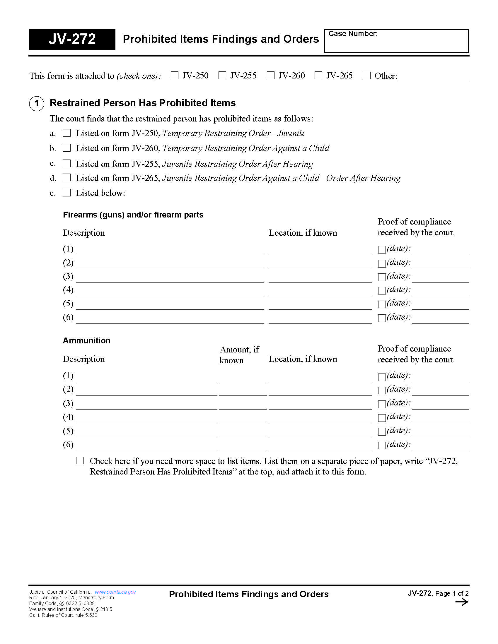 Prohibited Items Finding And Orders {JV-272} | Pdf Fpdf Docx | California