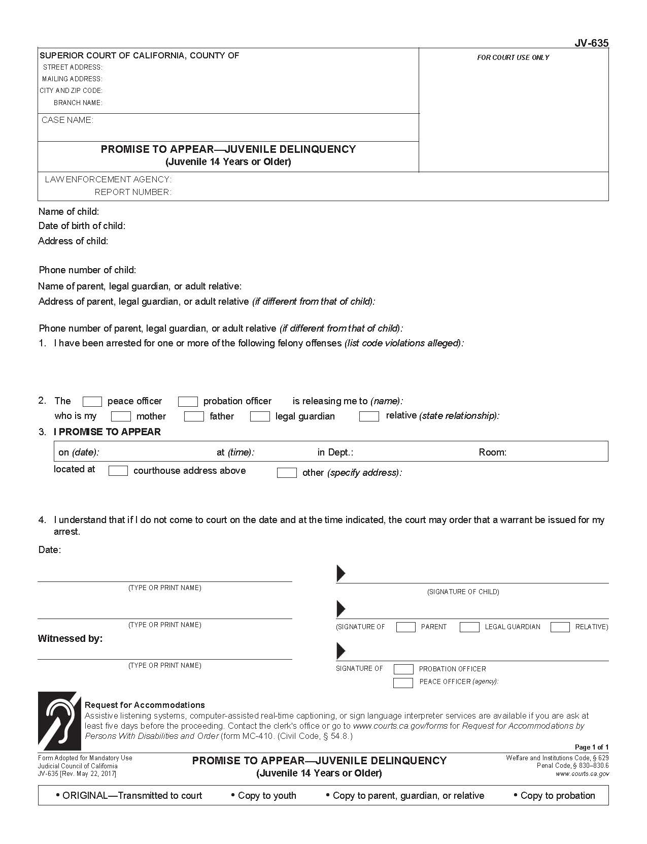 Promise To Appear-Juvenile Delinquency (Juvenile 14 Years Or Older) {JV-635} | Pdf Fpdf Doc Docx | California