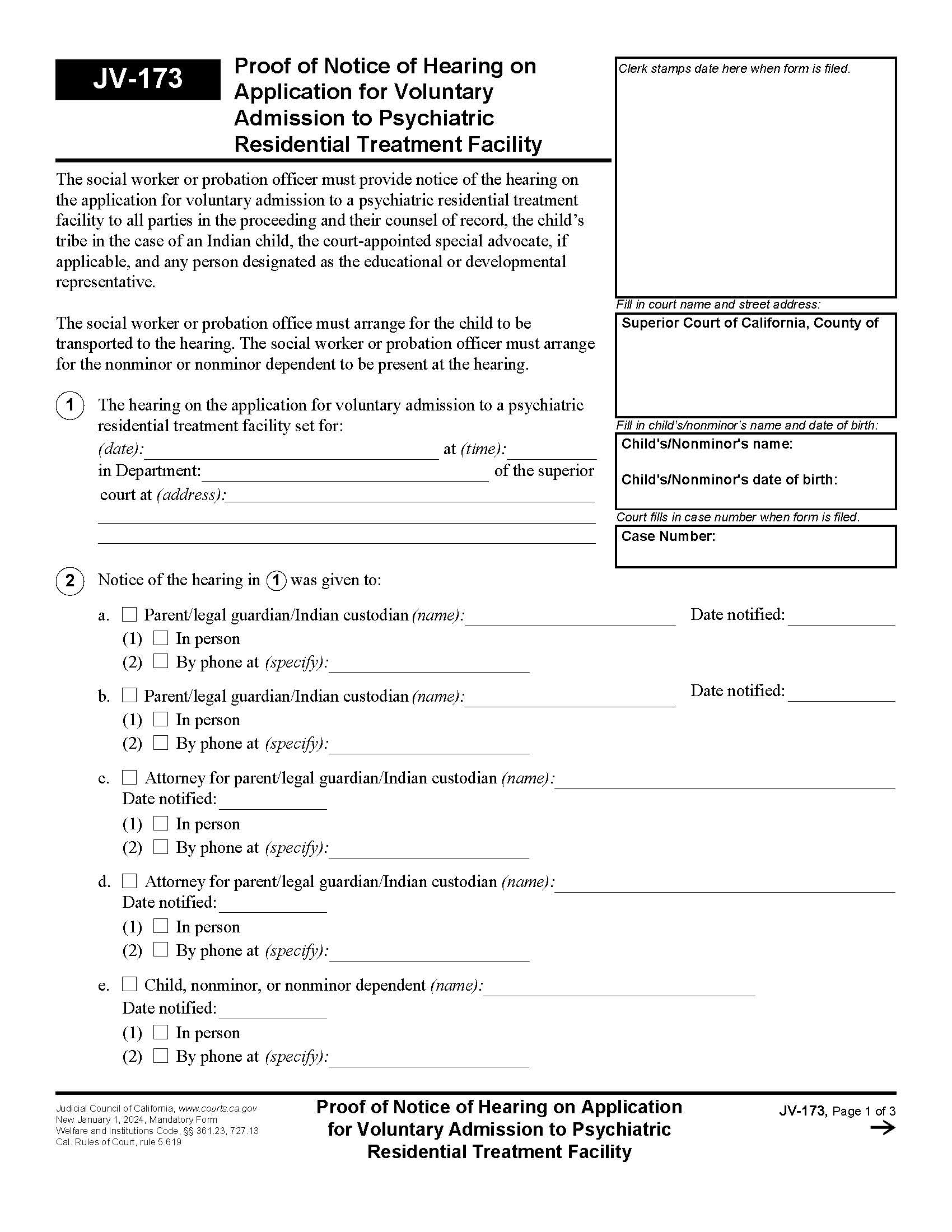 Proof Of Notice Of Hearing On Application For Voluntary Admission {JV-173} | Pdf Fpdf Docx | California